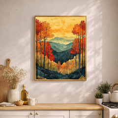 Autumn Forest Wall Art, Fall Mountain Landscape Canvas, Orange Tree Print, Nature Home Decor, Cozy Autumn Artwork for Bedroom