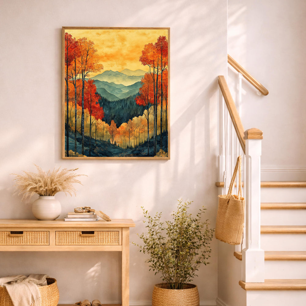 Autumn Forest Wall Art, Fall Mountain Landscape Canvas, Orange Tree Print, Nature Home Decor, Cozy Autumn Artwork for Bedroom
