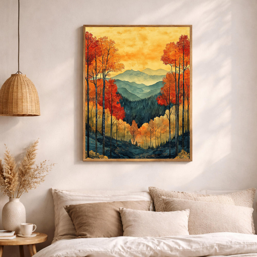 Autumn Forest Wall Art, Fall Mountain Landscape Canvas, Orange Tree Print, Nature Home Decor, Cozy Autumn Artwork for Bedroom