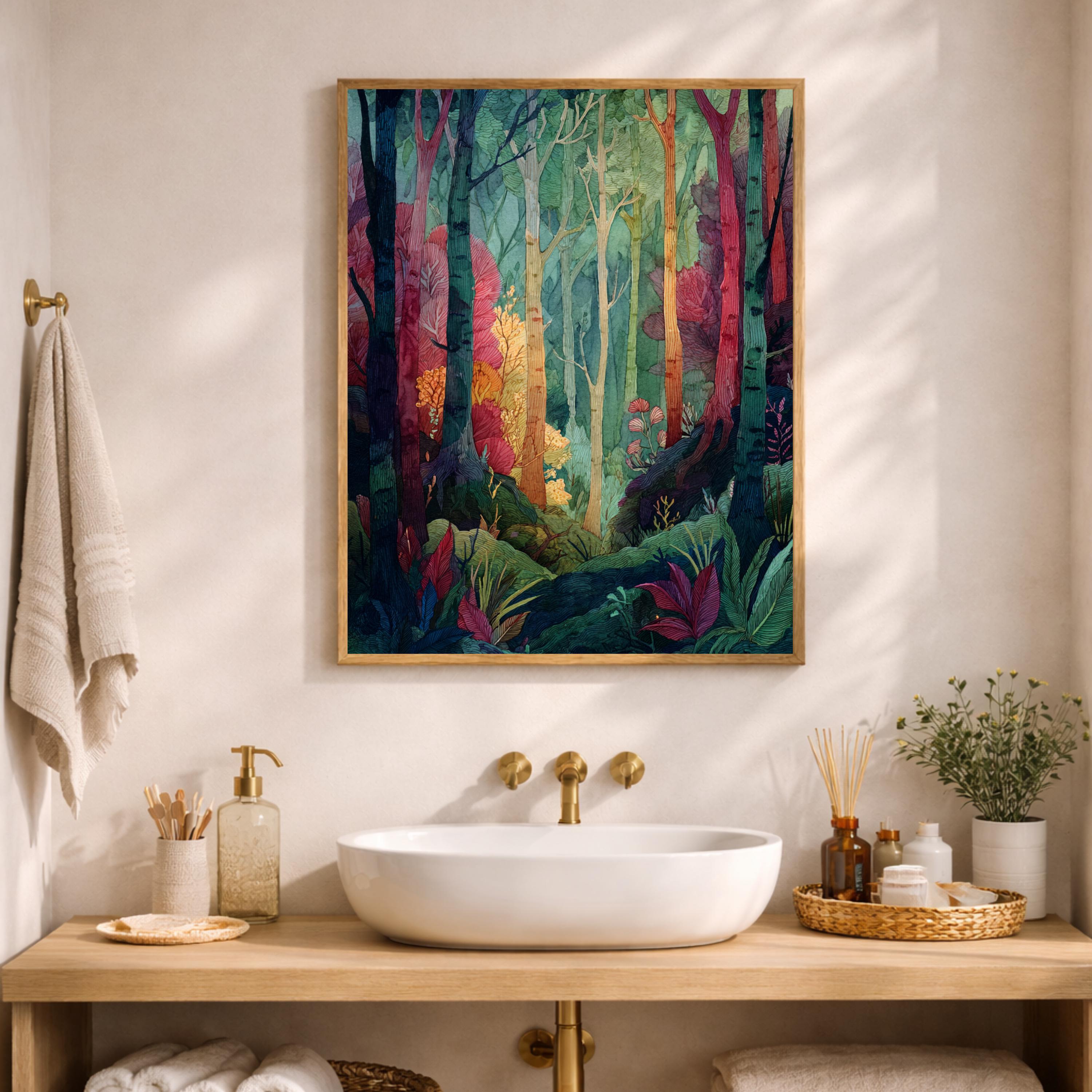 Botanical Forest Wall Art, Colorful Woodland Print, Whimsical Nature Artwork, Decorative Forest Canvas, Artistic Tree Decor for Living Room