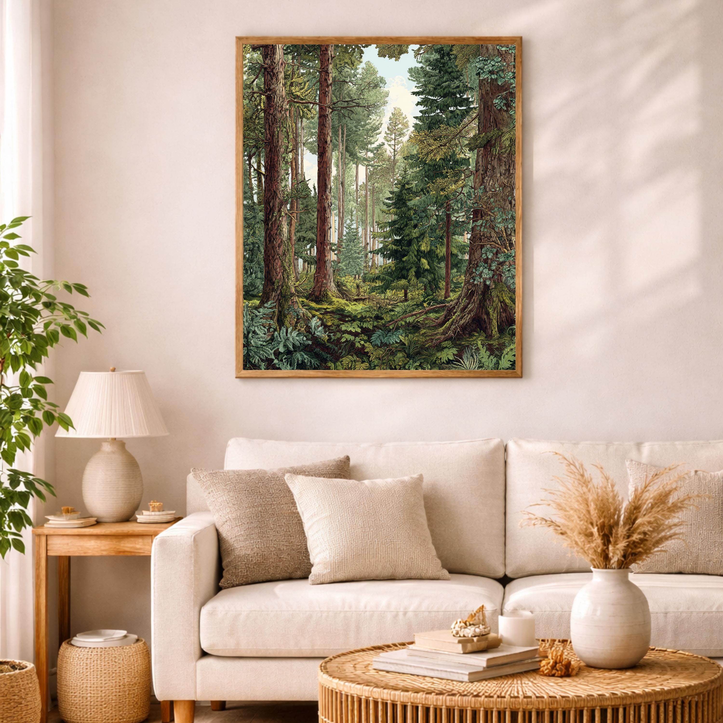 Evergreen Tree Wall Art, Forest Scene Framed Canvas, Woodland Landscape Print, Nature Lover Artwork, Rustic Cabin Decor for Living Room
