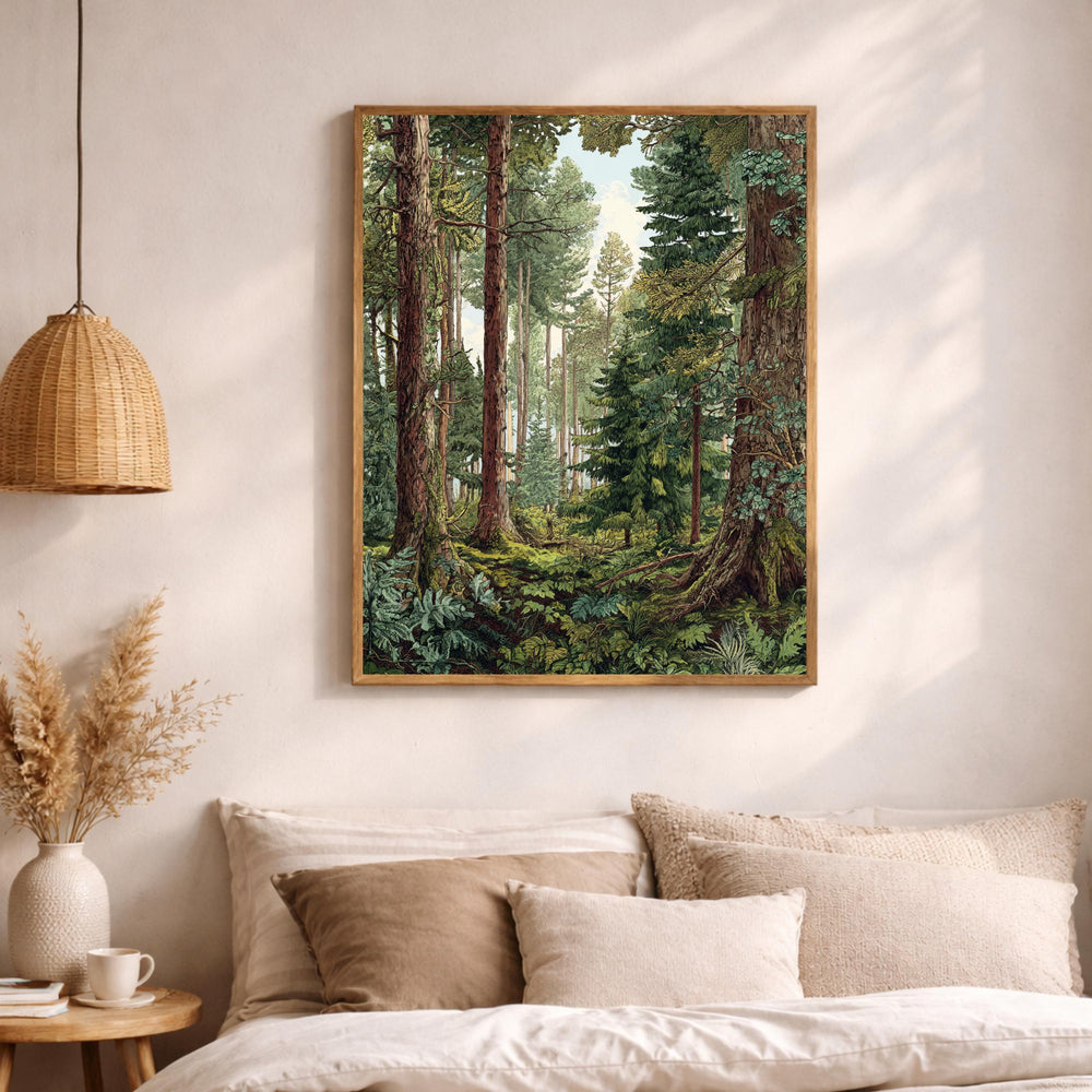Evergreen Tree Wall Art, Forest Scene Framed Canvas, Woodland Landscape Print, Nature Lover Artwork, Rustic Cabin Decor for Living Room