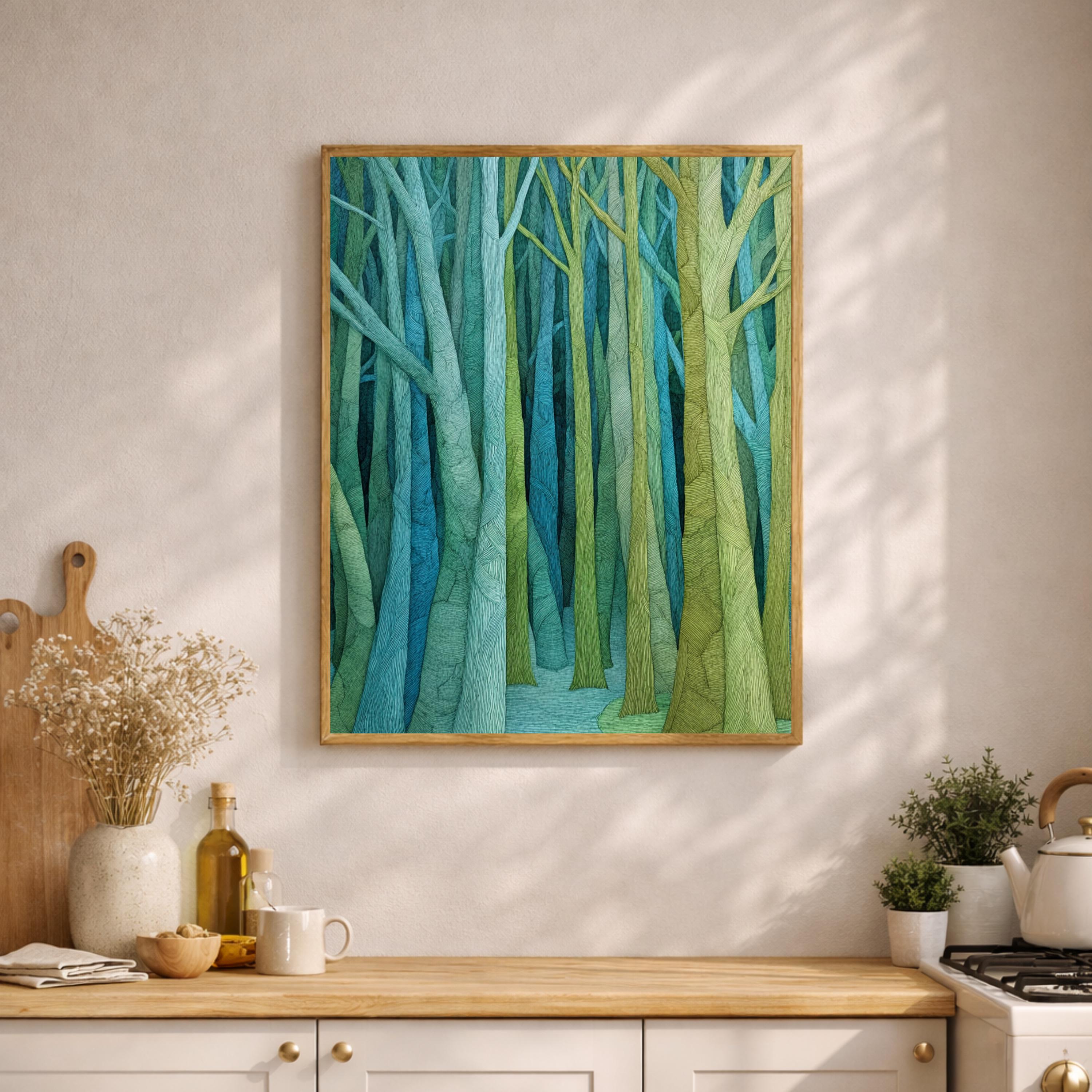 Abstract Forest Wall Art, Green Tree Print, Modern Woodland Artwork, Minimal Nature Decor, Minimalist Forest Canvas for Living Room
