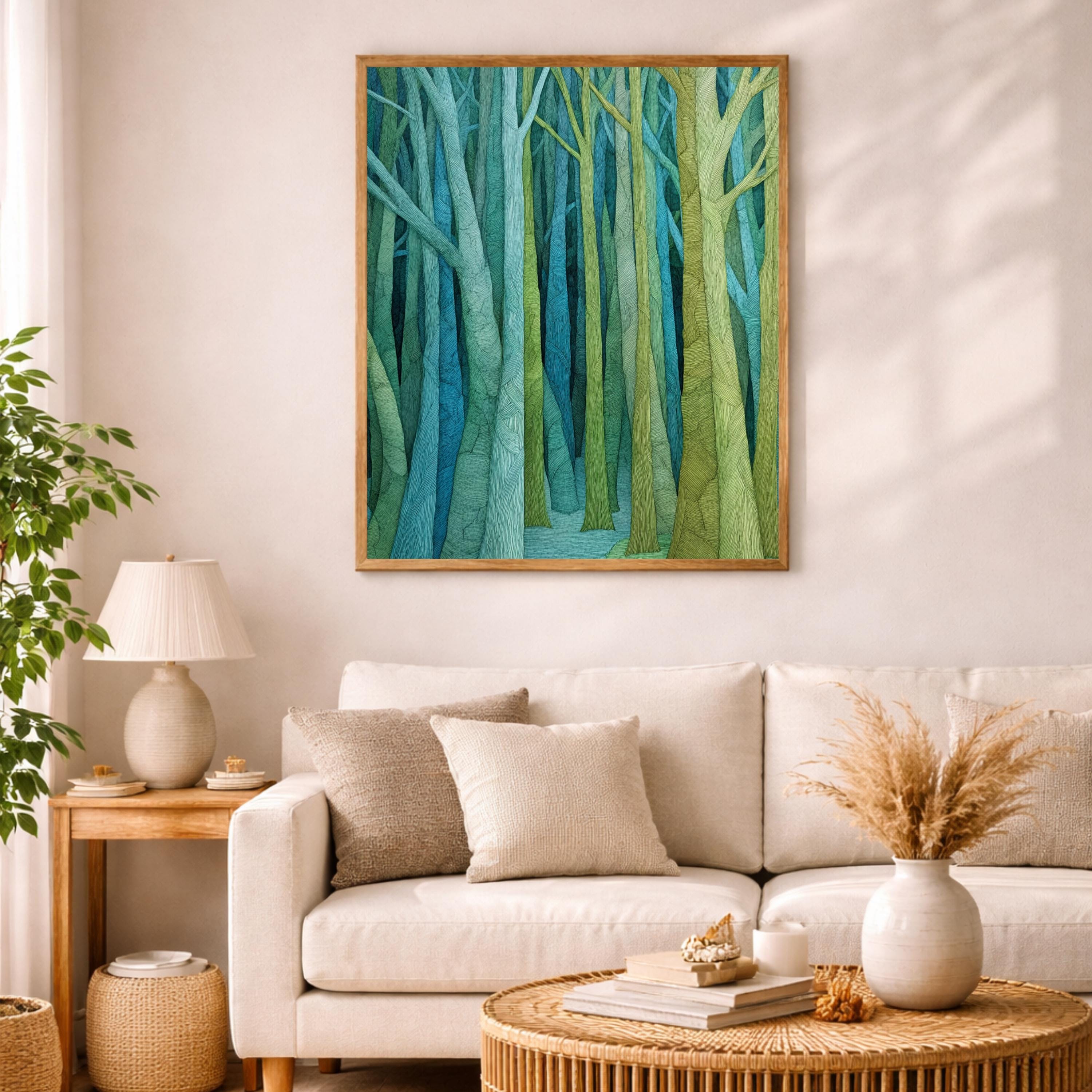 Abstract Forest Wall Art, Green Tree Print, Modern Woodland Artwork, Minimal Nature Decor, Minimalist Forest Canvas for Living Room
