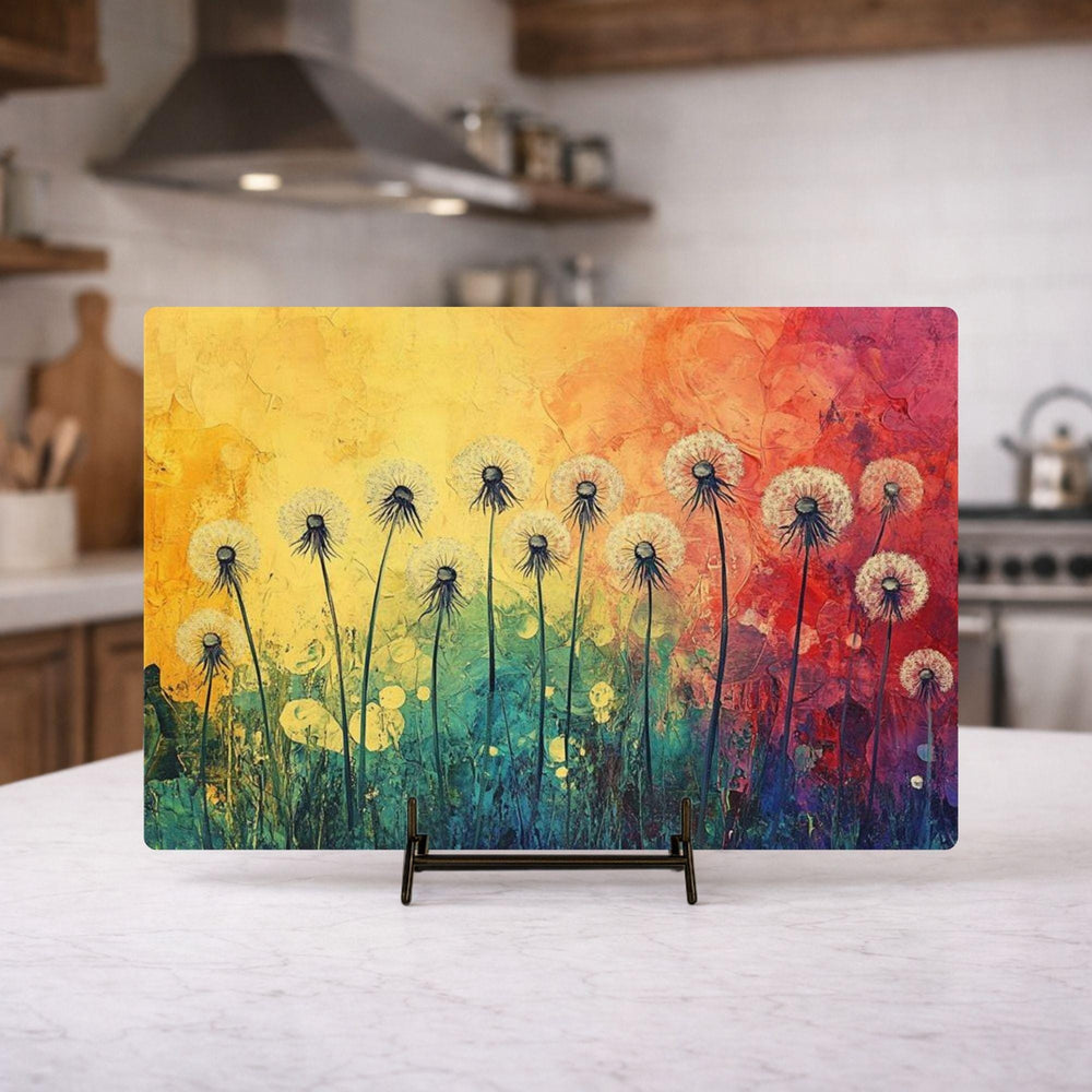 Dandelion Glass Cutting Board, Rainbow Floral Kitchen Decor, Artistic Wildflower Prep Board, Decorative Kitchen Board