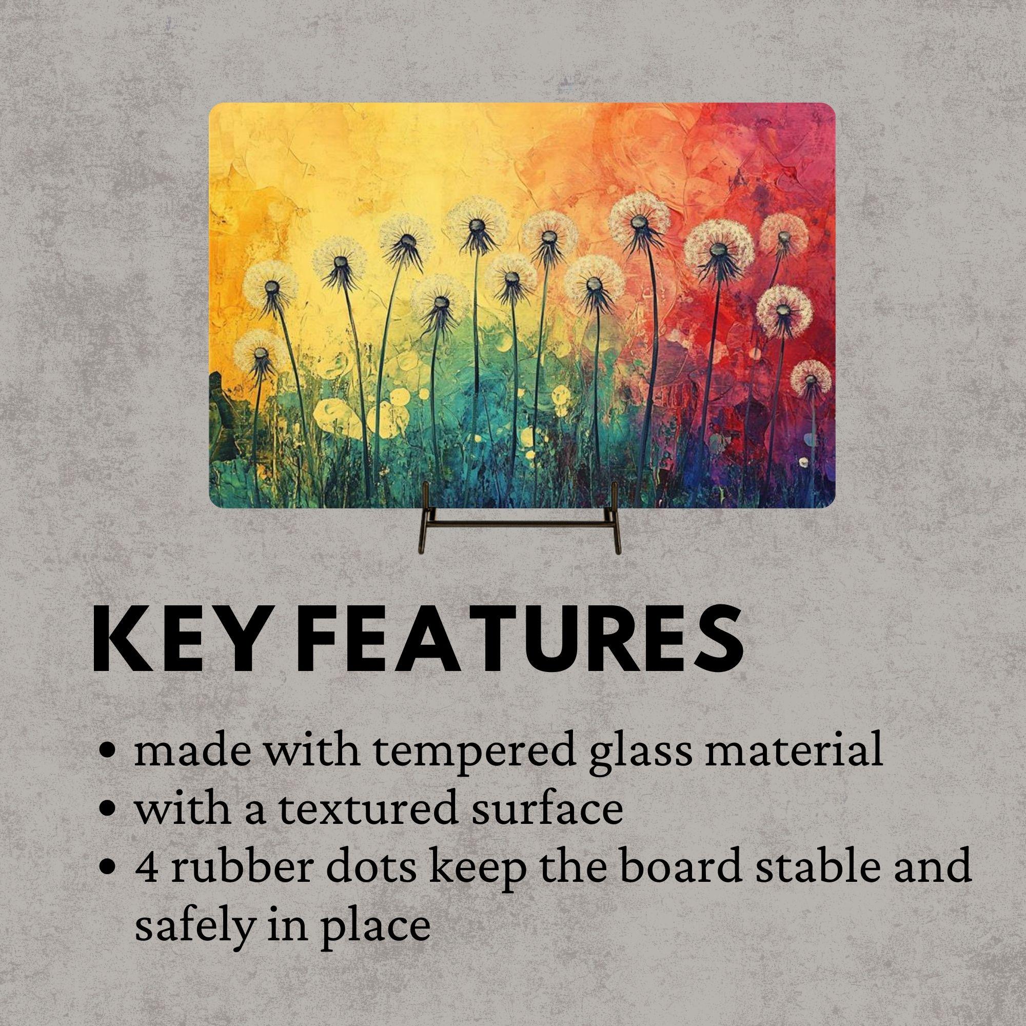 Dandelion Glass Cutting Board, Rainbow Floral Kitchen Decor, Artistic Wildflower Prep Board, Decorative Kitchen Board
