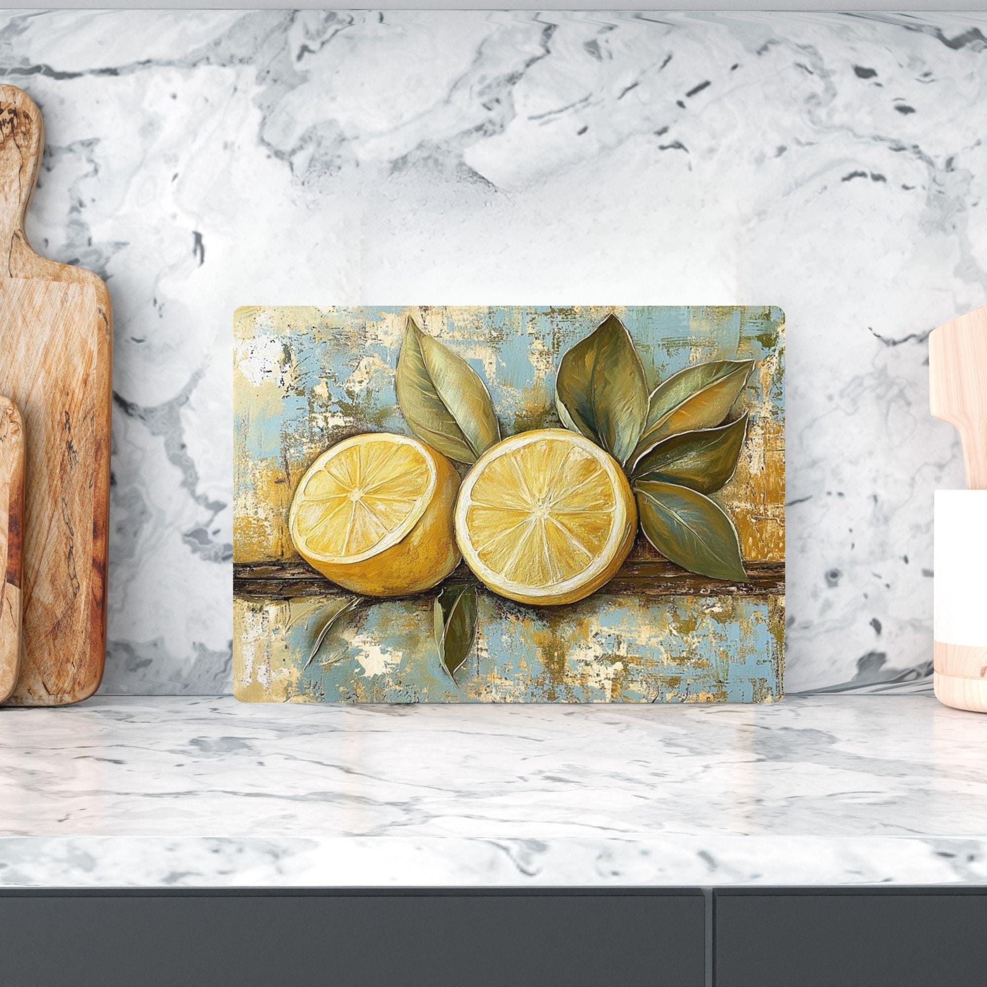 Vintage Lemon Glass Cutting Board, Rustic Citrus Kitchen Decor, Lemon Kitchen Prep Board