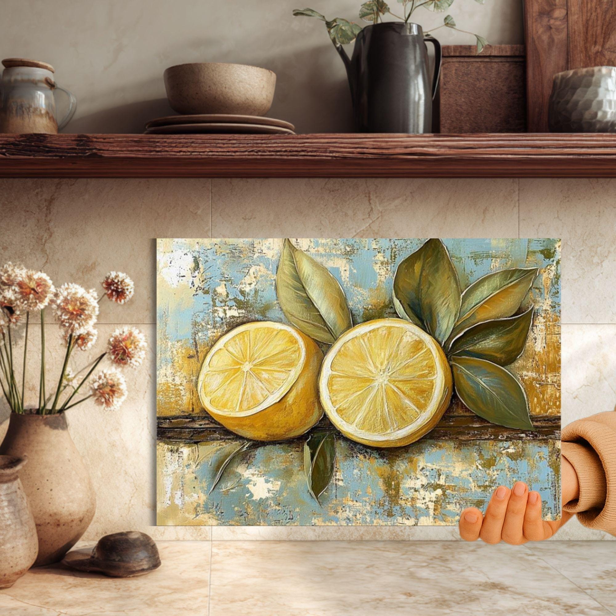 Vintage Lemon Glass Cutting Board, Rustic Citrus Kitchen Decor, Lemon Kitchen Prep Board