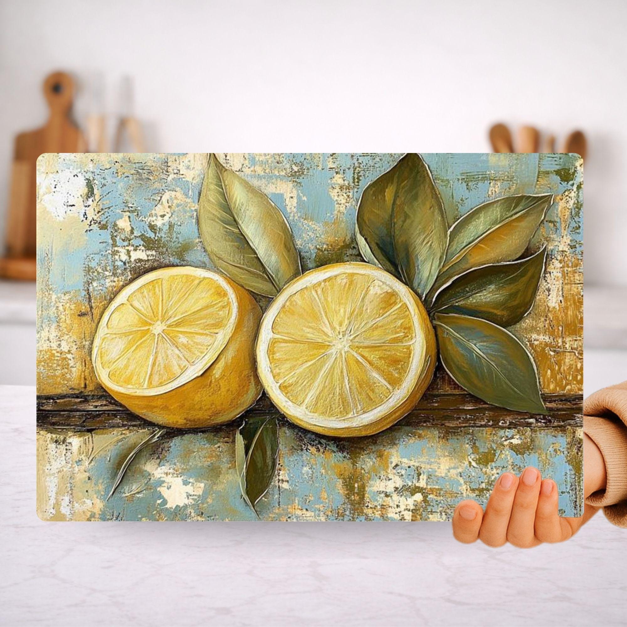 Vintage Lemon Glass Cutting Board, Rustic Citrus Kitchen Decor, Lemon Kitchen Prep Board