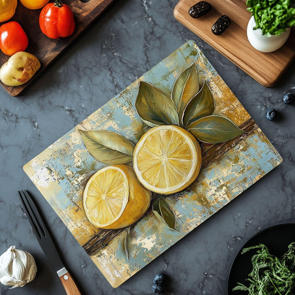 Vintage Lemon Glass Cutting Board, Rustic Citrus Kitchen Decor, Lemon Kitchen Prep Board