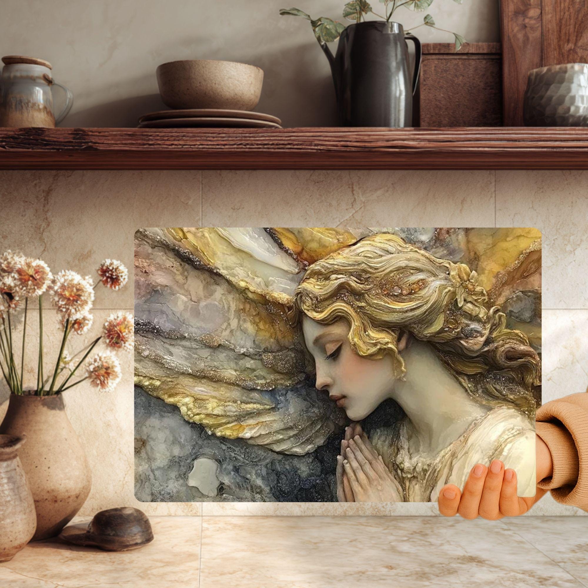 Marble Angel Glass Cutting Board, Elegant Angel Kitchen Decor, Vintage Style Kitchen Board