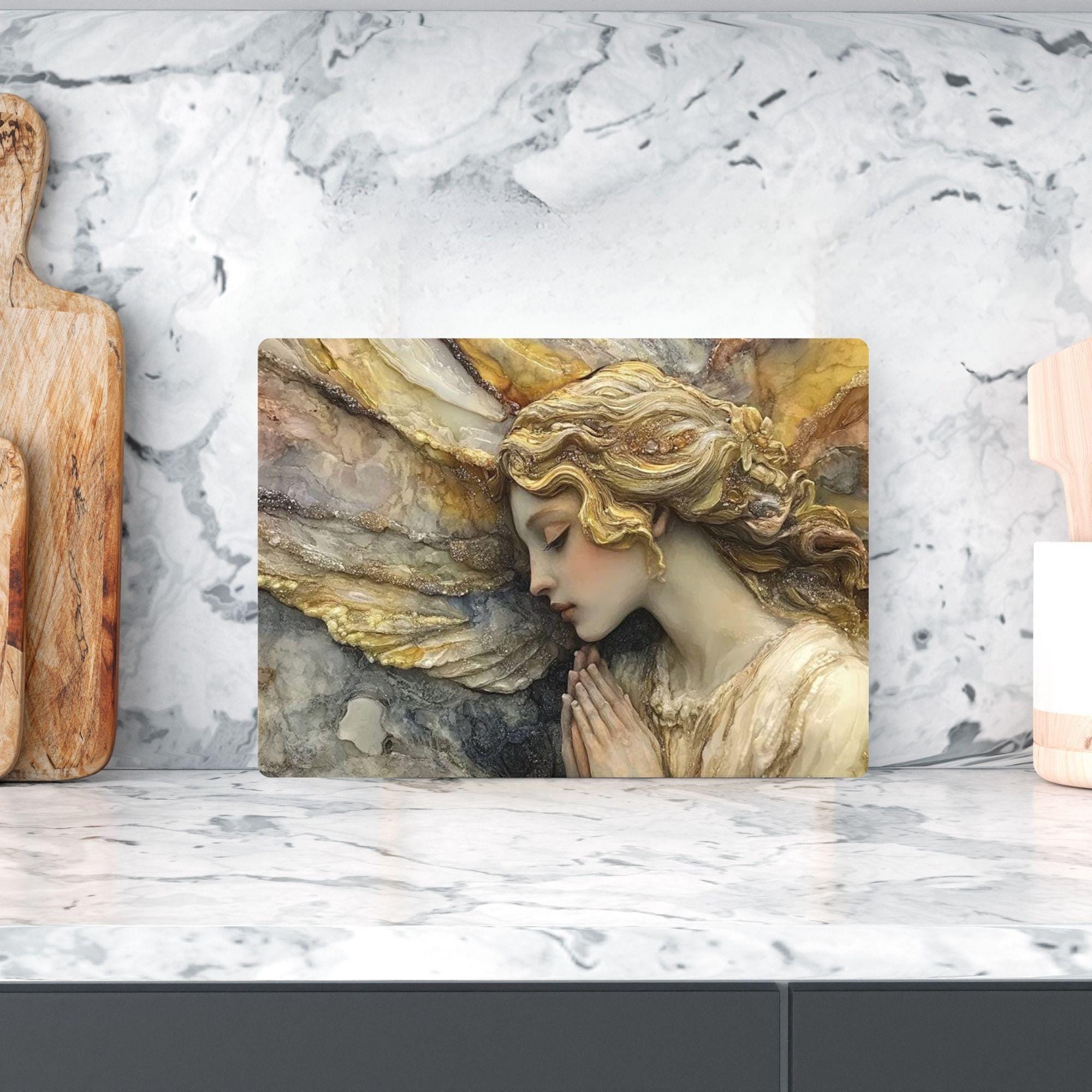 Marble Angel Glass Cutting Board, Elegant Angel Kitchen Decor, Vintage Style Kitchen Board