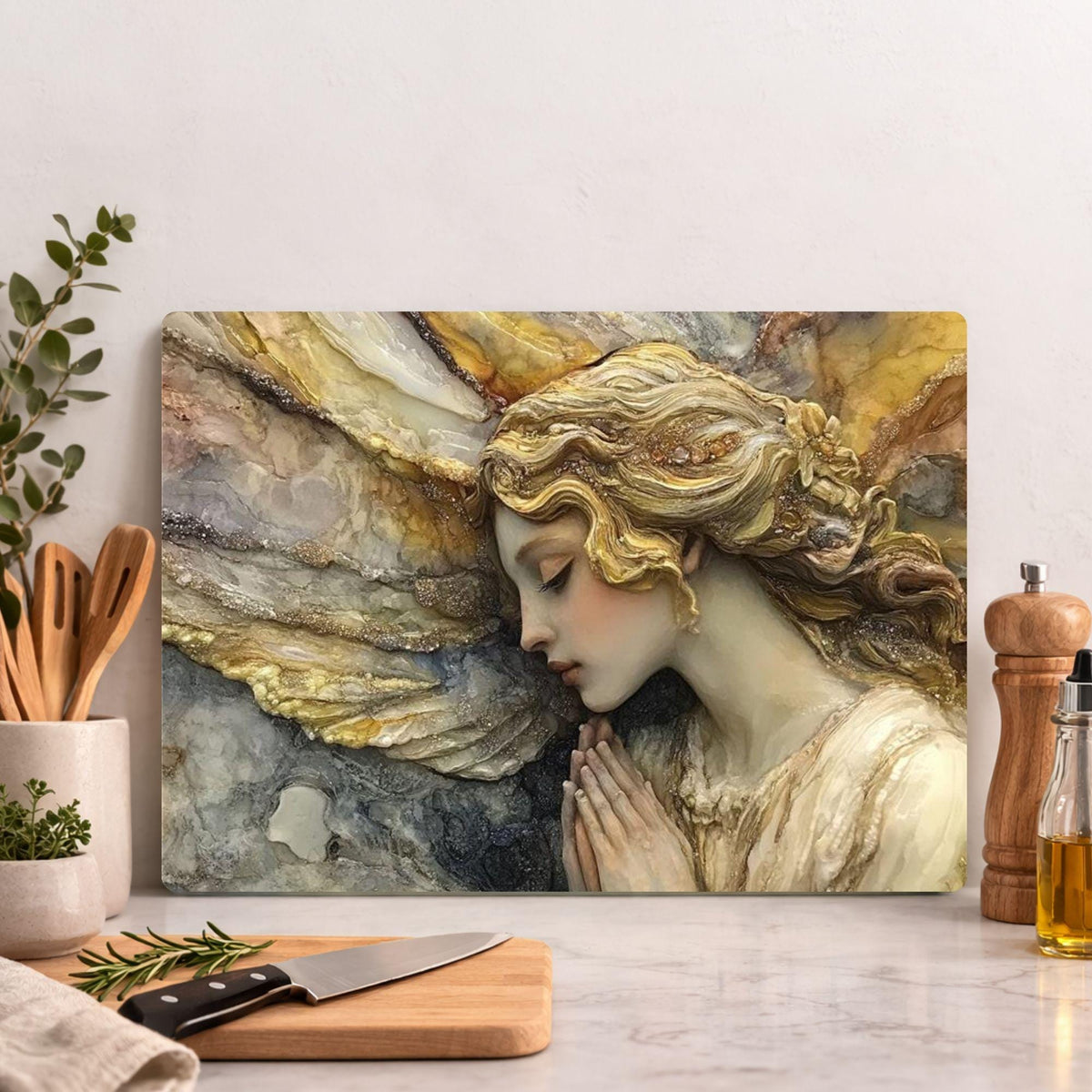 Marble Angel Glass Cutting Board, Elegant Angel Kitchen Decor, Vintage Style Kitchen Board