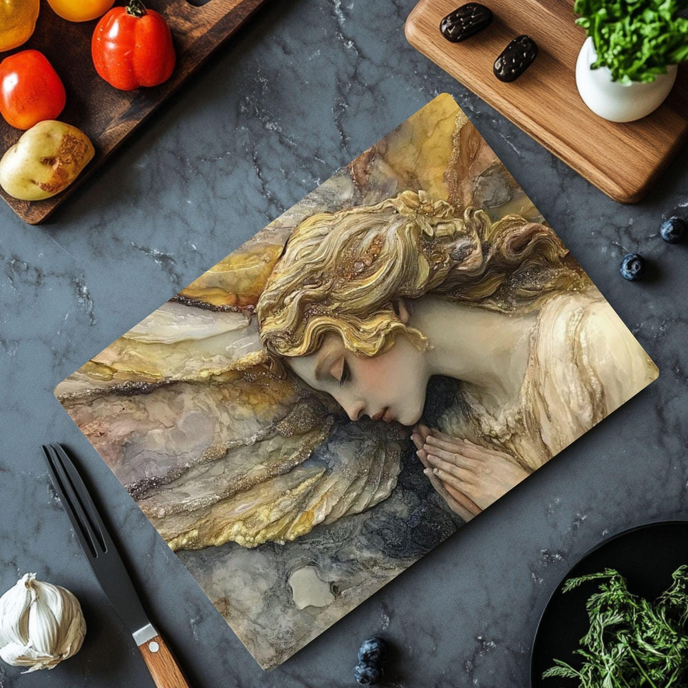 Marble Angel Glass Cutting Board, Elegant Angel Kitchen Decor, Vintage Style Kitchen Board