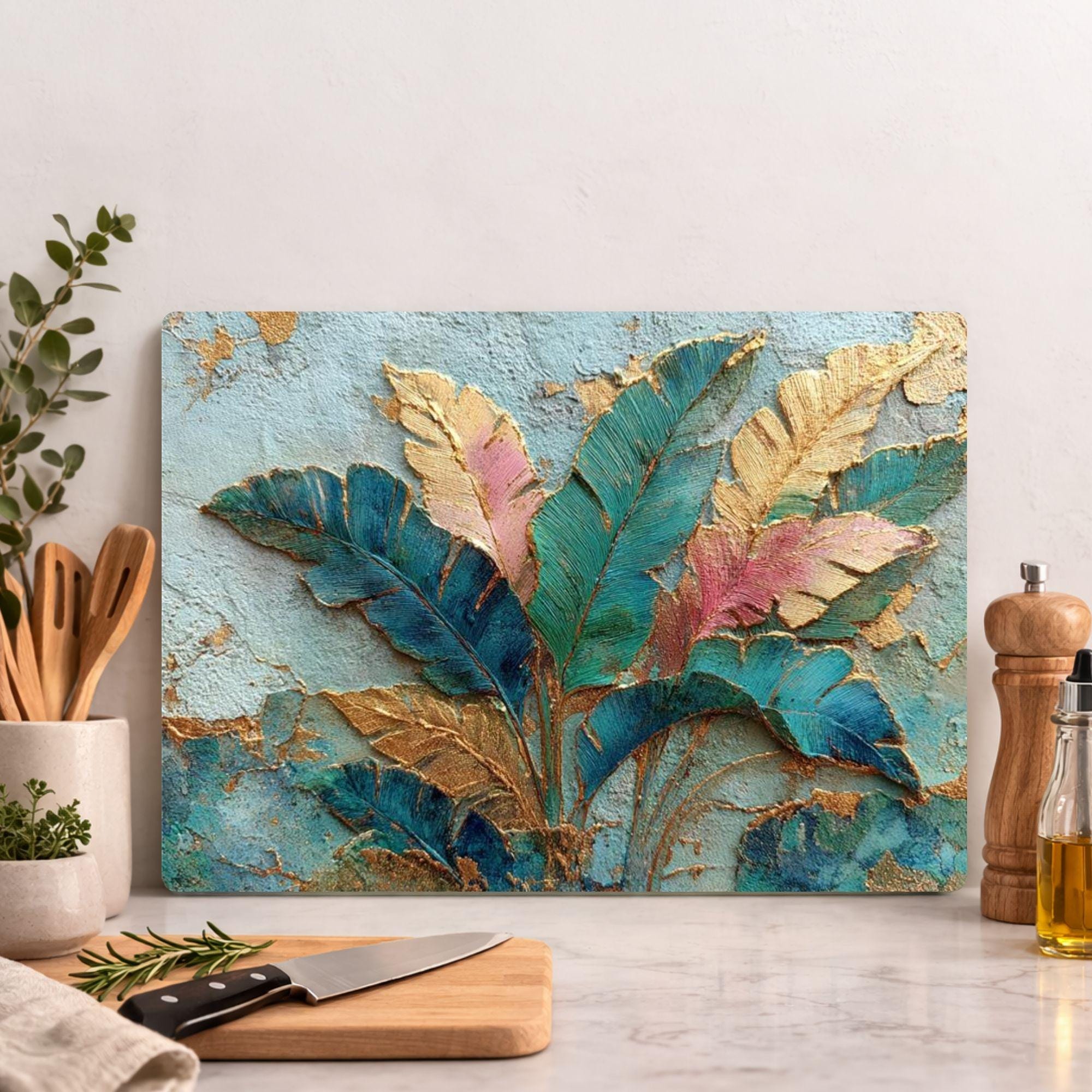 Tropical Leaves Glass Cutting Board, Gold Botanical Kitchen Decor, Tropical Kitchen Prep Board