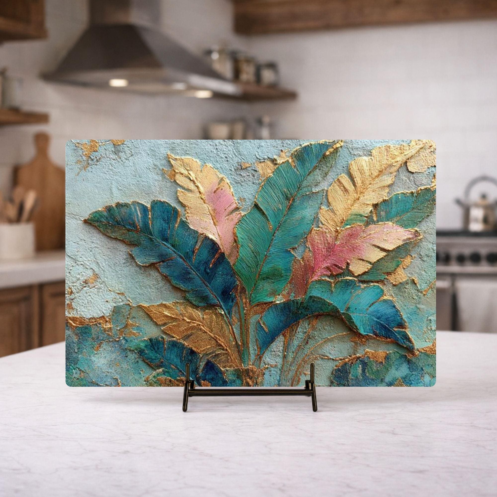 Tropical Leaves Glass Cutting Board, Gold Botanical Kitchen Decor, Tropical Kitchen Prep Board