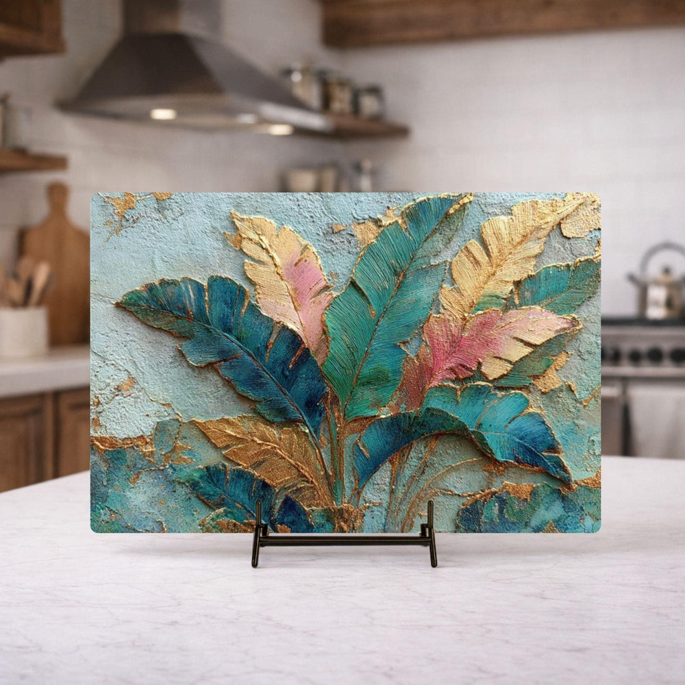 Tropical Leaves Glass Cutting Board, Gold Botanical Kitchen Decor, Tropical Kitchen Prep Board