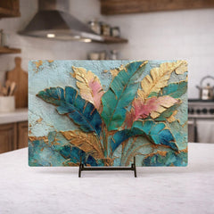Tropical Leaves Glass Cutting Board, Gold Botanical Kitchen Decor, Tropical Kitchen Prep Board