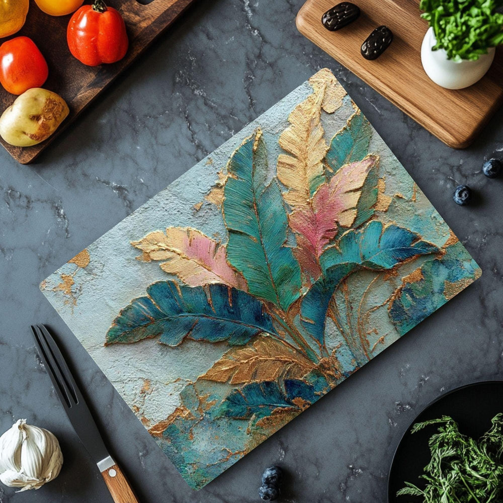 Tropical Leaves Glass Cutting Board, Gold Botanical Kitchen Decor, Tropical Kitchen Prep Board