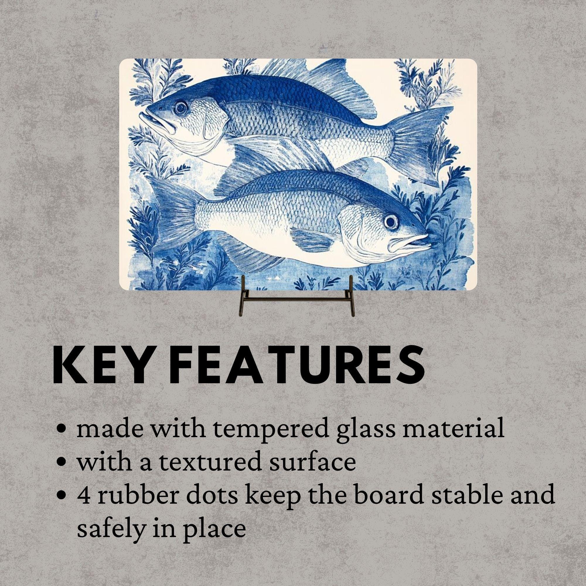 Blue Fish Glass Cutting Board, Coastal Fish Kitchen Decor, Nautical Seafood Prep Board