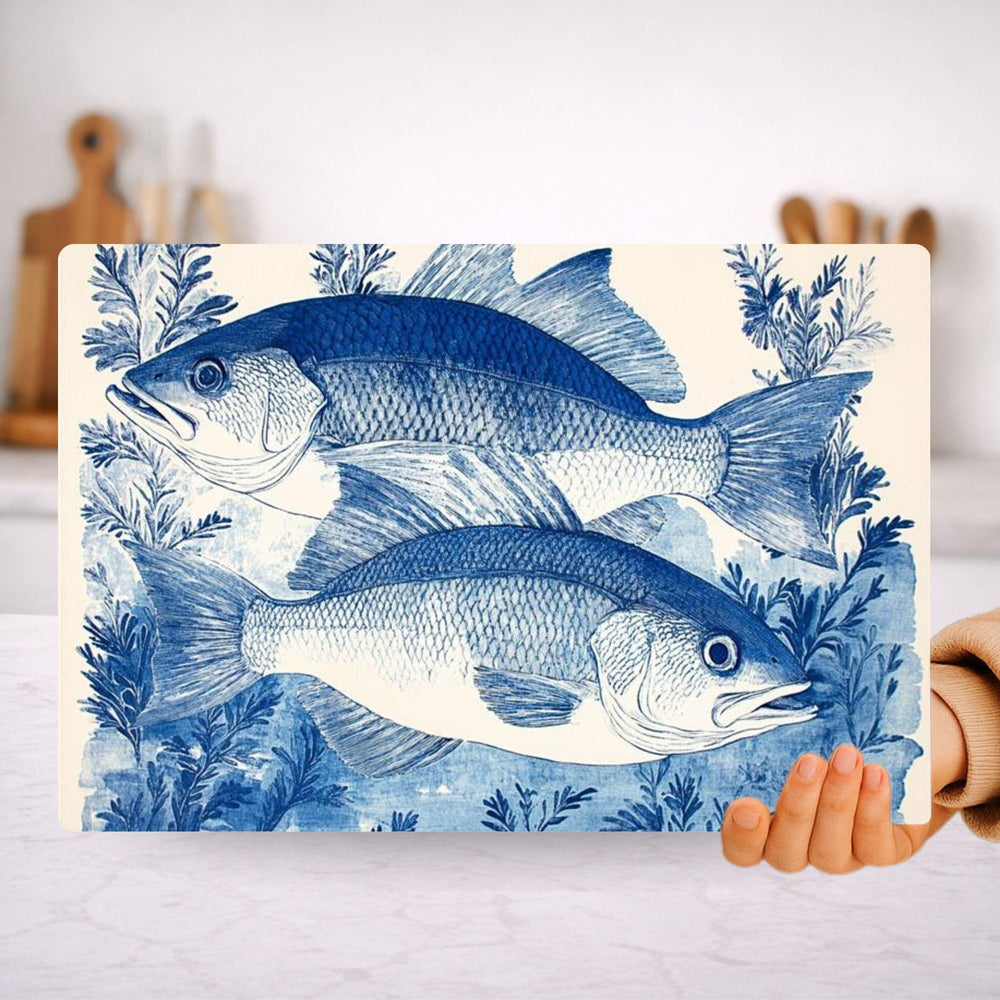 Blue Fish Glass Cutting Board, Coastal Fish Kitchen Decor, Nautical Seafood Prep Board