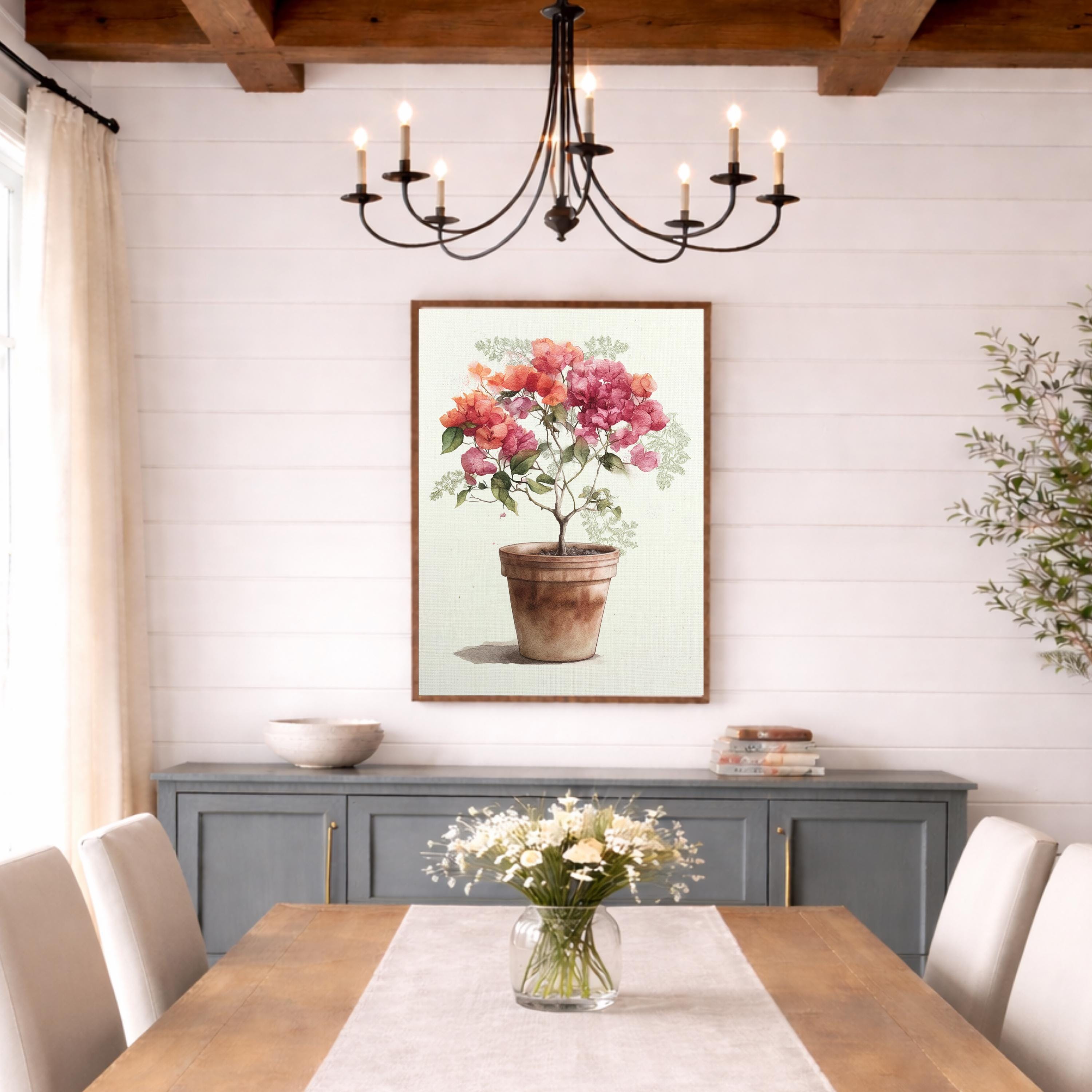 Bougainvillea Plant Wall Art Canvas, Potted Floral Wall Decor, Mediterranean Plant Wall Art Print, Kitchen Shelf Wall Decor Canvas