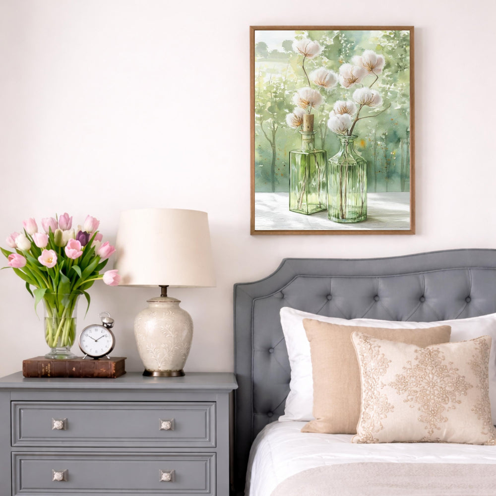 Cotton Stems Wall Art Canvas, Farmhouse Kitchen Wall Decor, Large Framed Rustic Bottle Vase Wall Art Print, Neutral Tabletop Decor Canvas