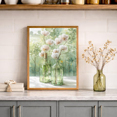 Cotton Stems Wall Art Canvas, Farmhouse Kitchen Wall Decor, Large Framed Rustic Bottle Vase Wall Art Print, Neutral Tabletop Decor Canvas
