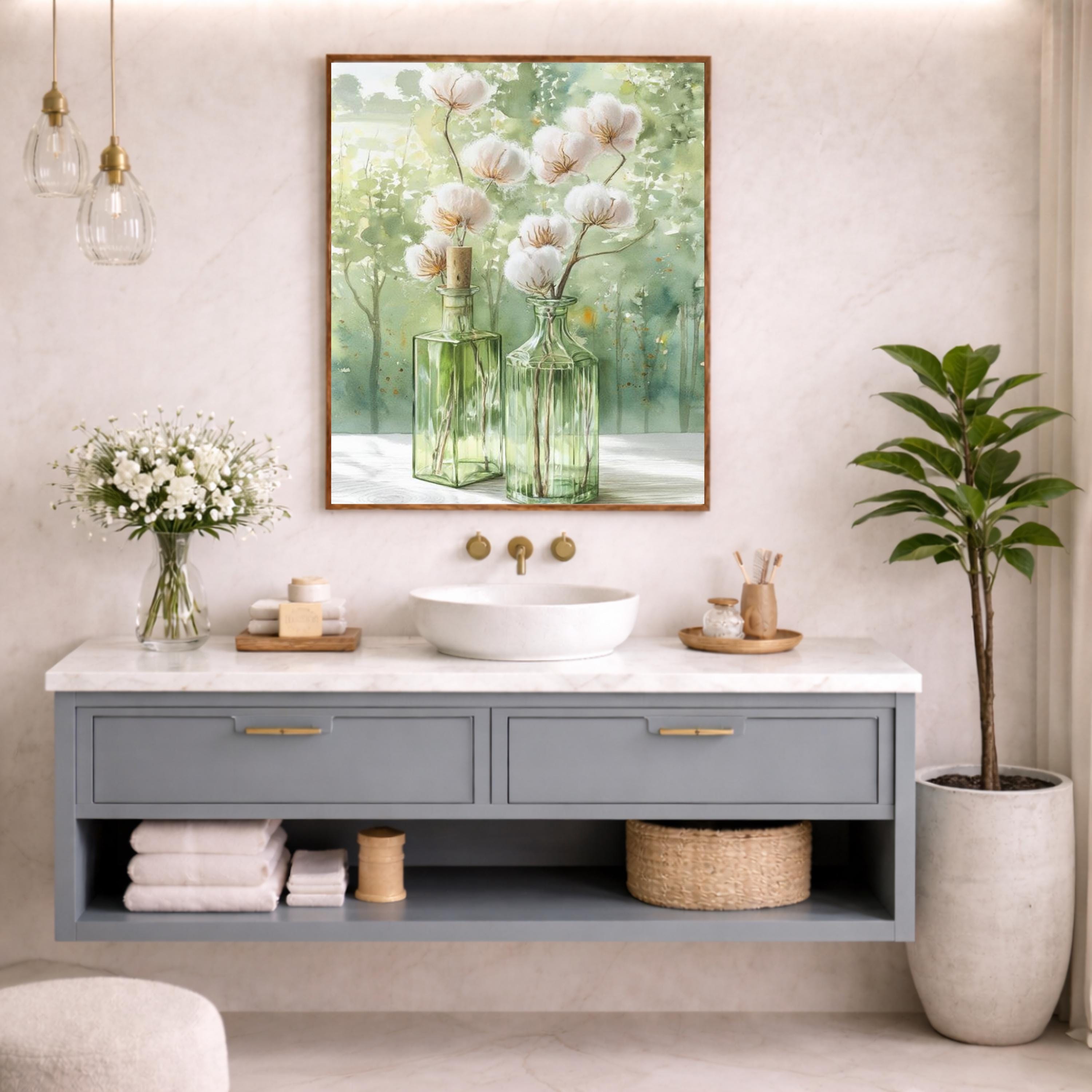 Cotton Stems Wall Art Canvas, Farmhouse Kitchen Wall Decor, Large Framed Rustic Bottle Vase Wall Art Print, Neutral Tabletop Decor Canvas