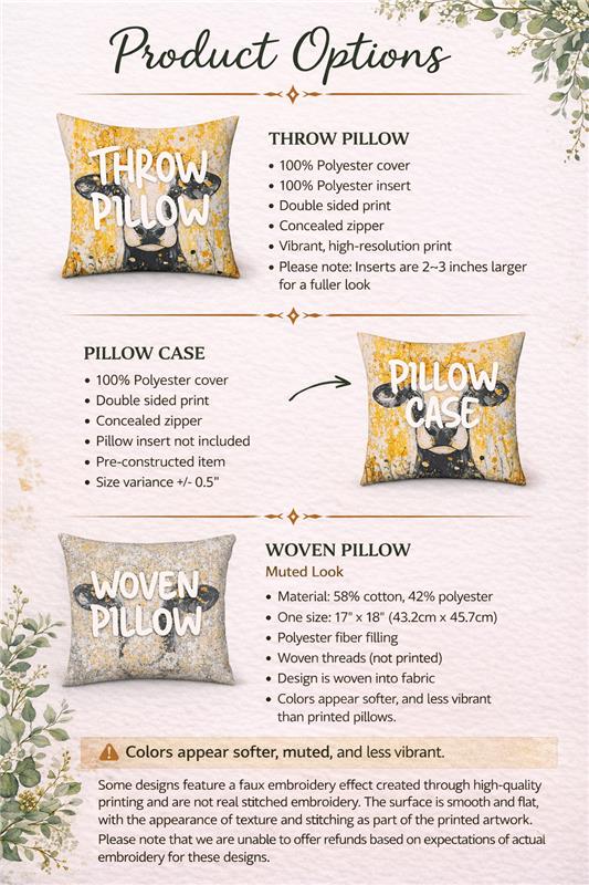 The image is a product options brochure for throw pillows, providing information about different pillow options available for purchase.