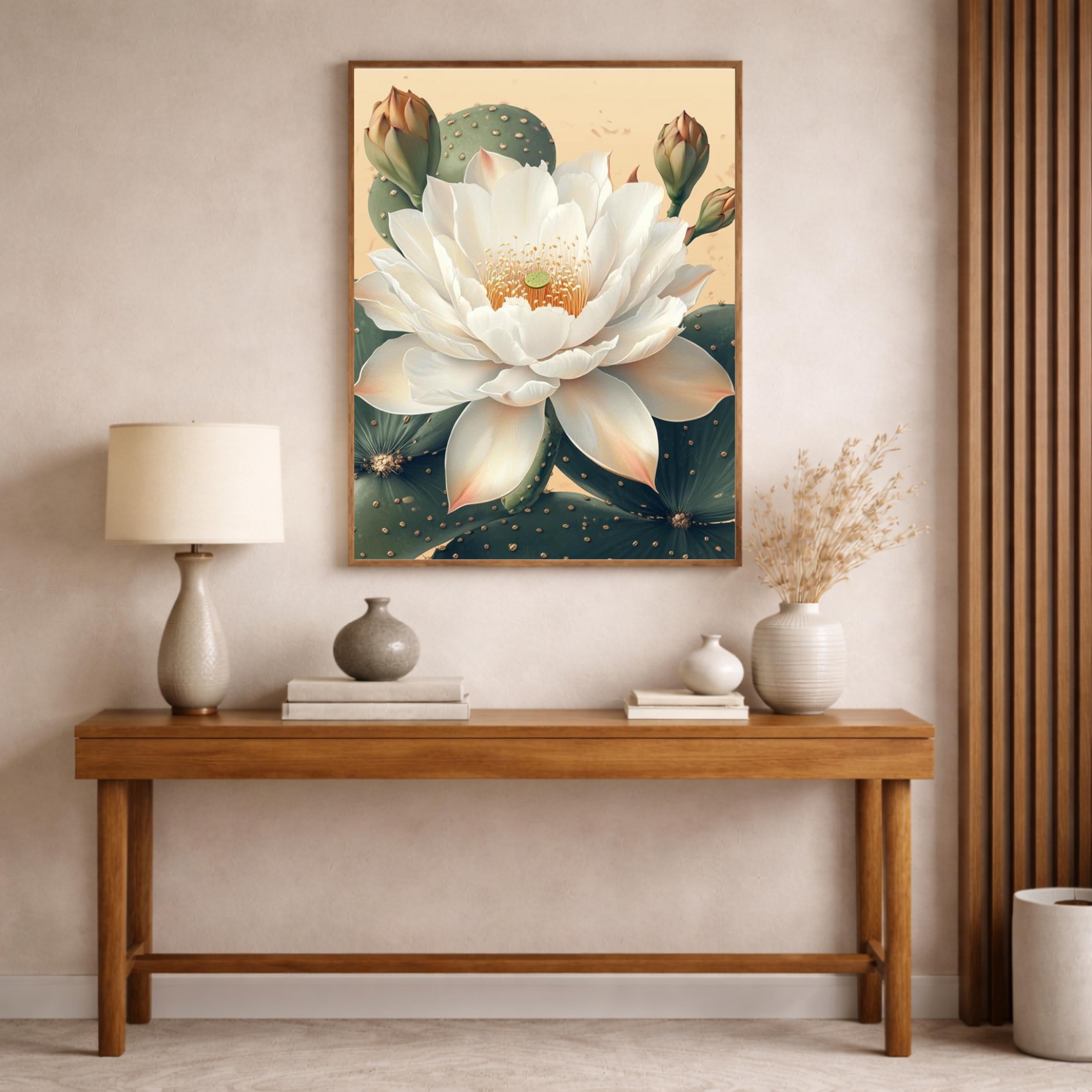 Neutral Lotus Floral Wall Art Print, Large Framed Lotus Flower Canvas Wall Decor Gift, Living Room Wall Art, Modern Organic Home Decor