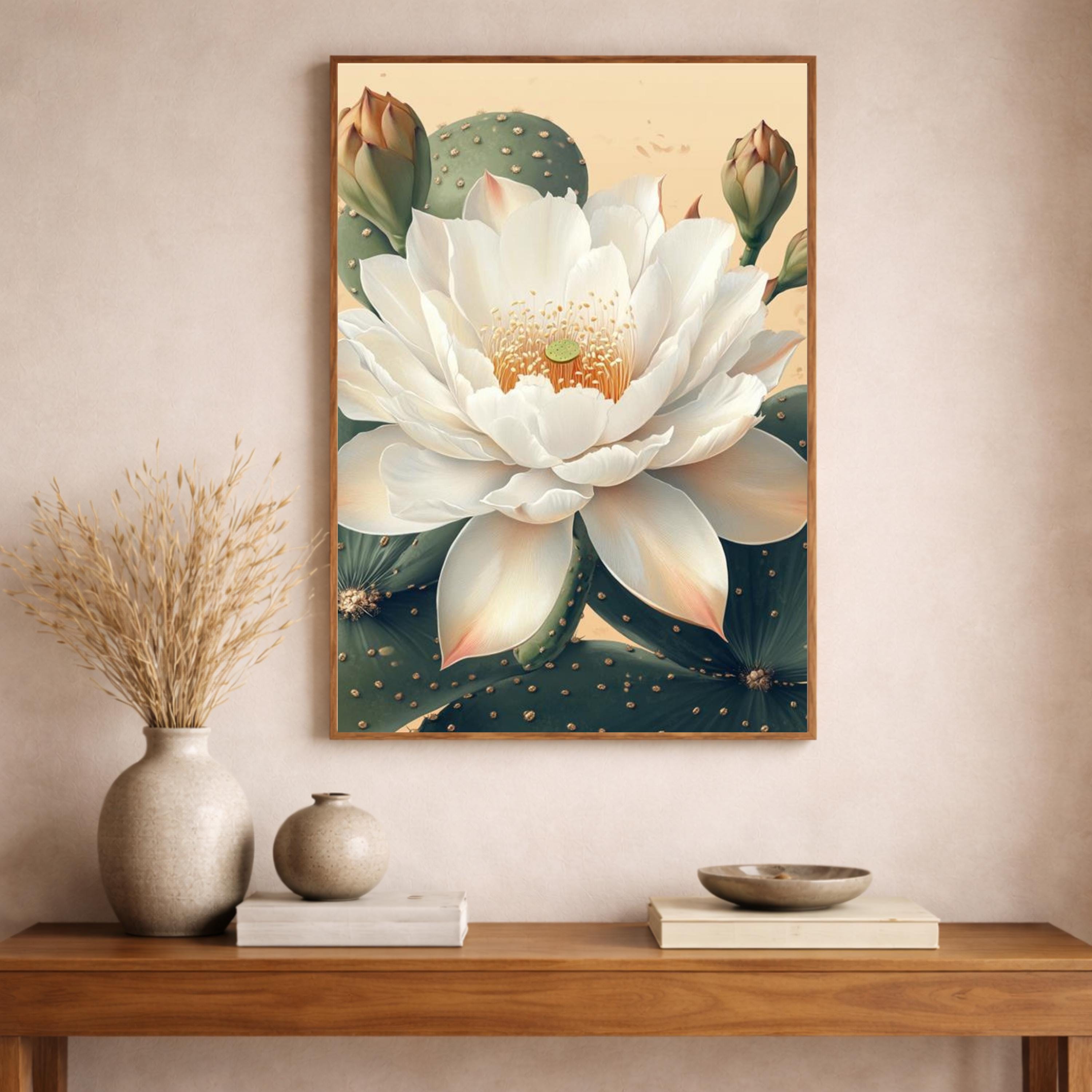 Neutral Lotus Floral Wall Art Print, Large Framed Lotus Flower Canvas Wall Decor Gift, Living Room Wall Art, Modern Organic Home Decor