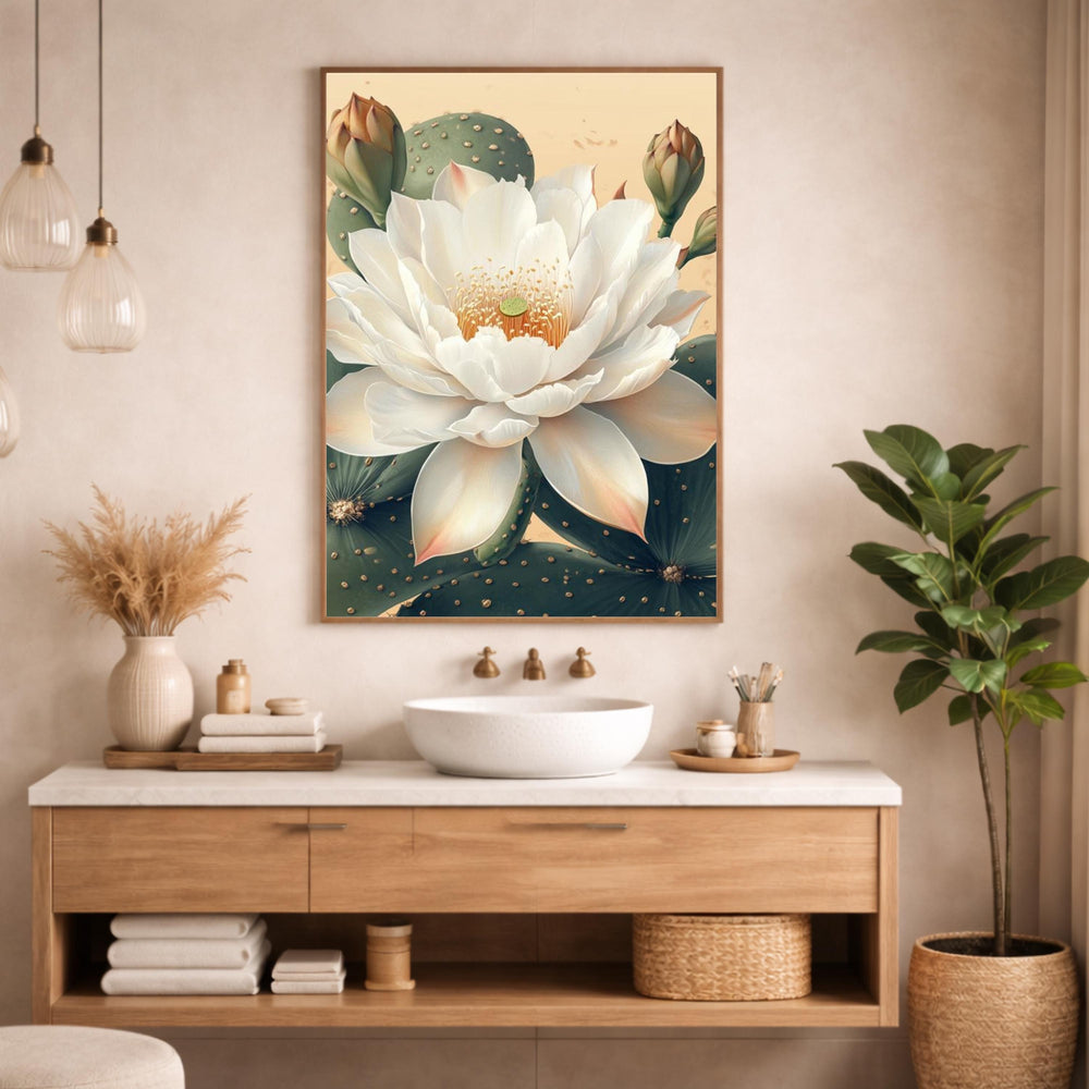 Neutral Lotus Floral Wall Art Print, Large Framed Lotus Flower Canvas Wall Decor Gift, Living Room Wall Art, Modern Organic Home Decor