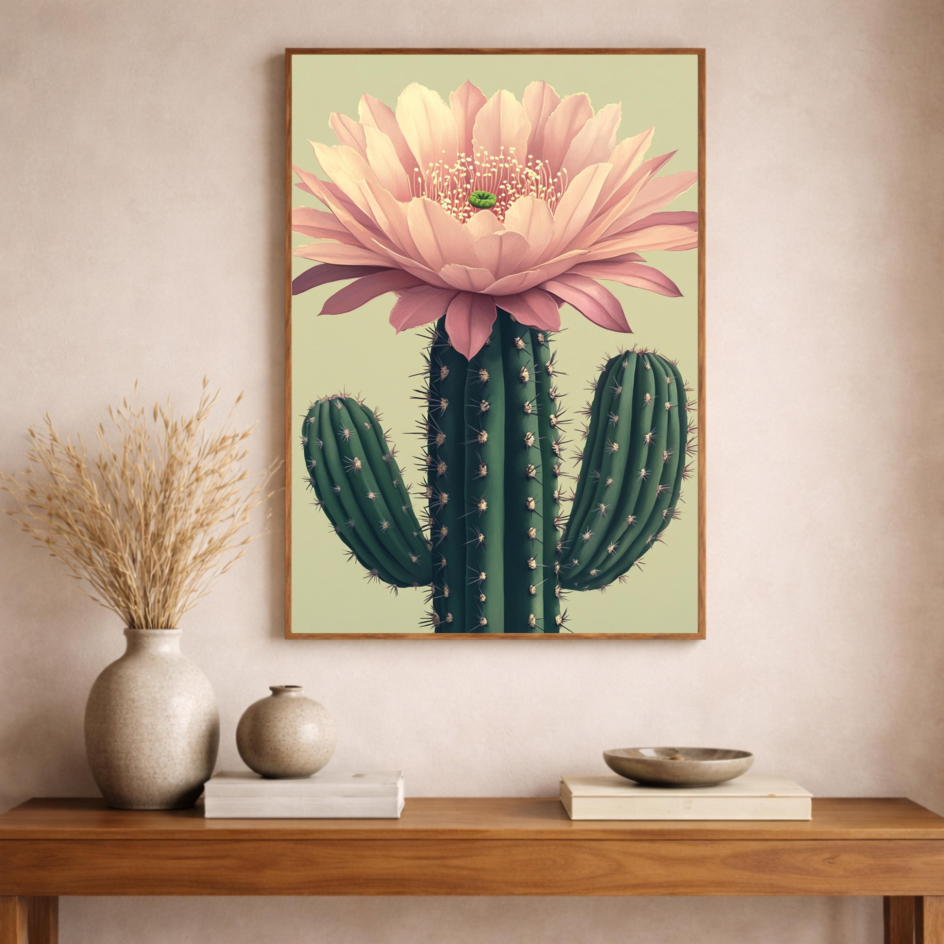 Boho Cactus Wall Art Print, Large Framed Floral Cactus Wall Decor Gift, Desert Botanical Canvas Decor, Modern Neutral Home Decor