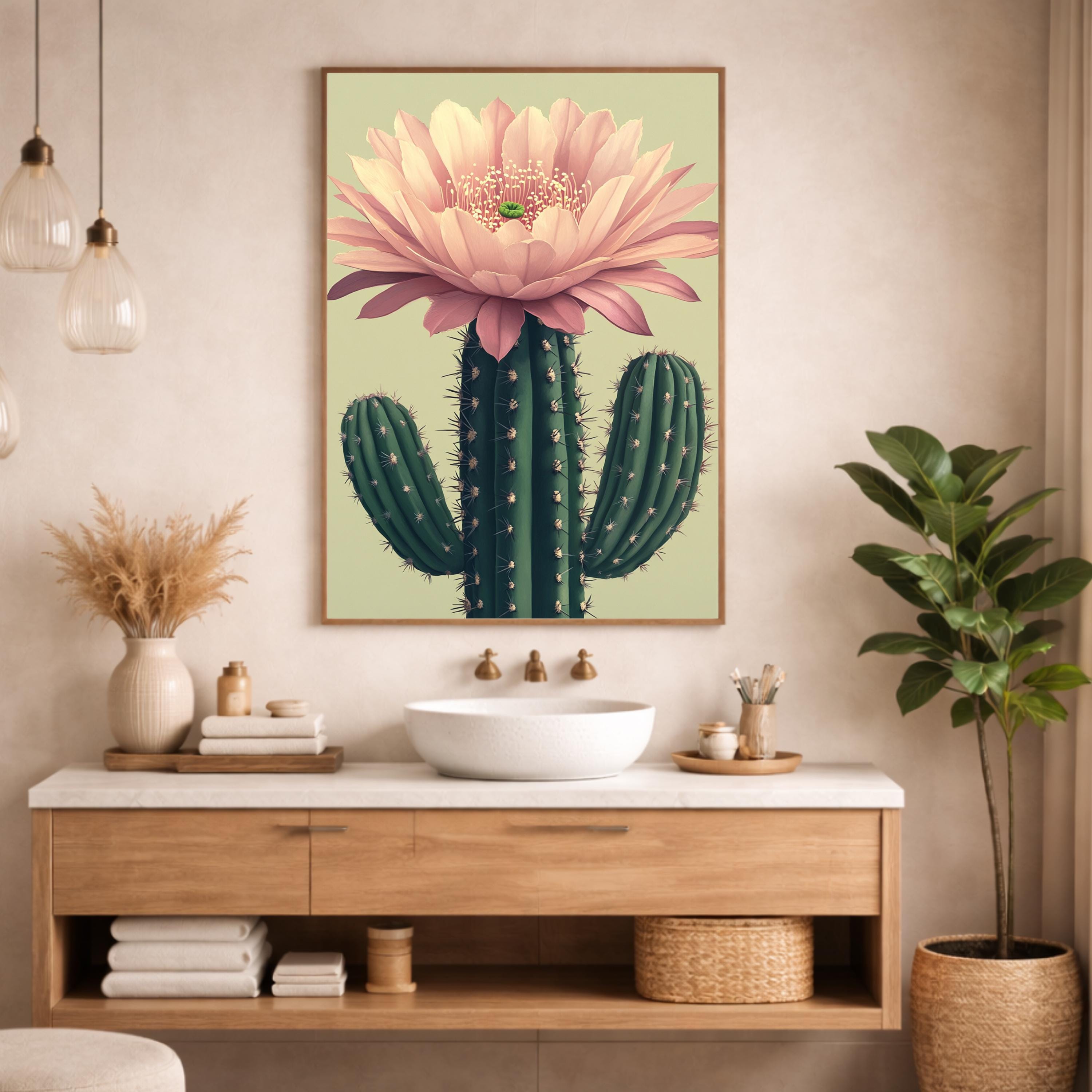 Boho Cactus Wall Art Print, Large Framed Floral Cactus Wall Decor Gift, Desert Botanical Canvas Decor, Modern Neutral Home Decor
