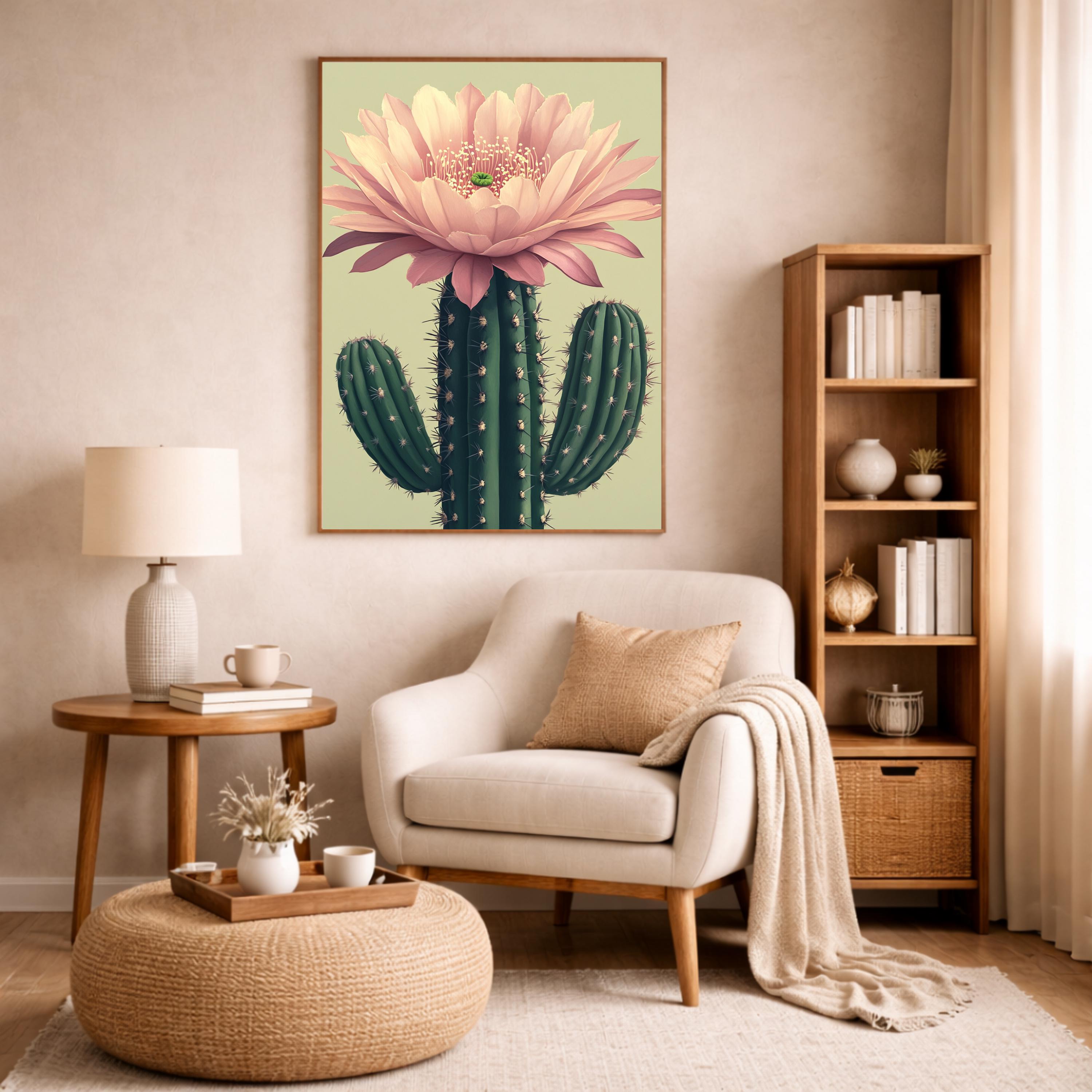 Boho Cactus Wall Art Print, Large Framed Floral Cactus Wall Decor Gift, Desert Botanical Canvas Decor, Modern Neutral Home Decor