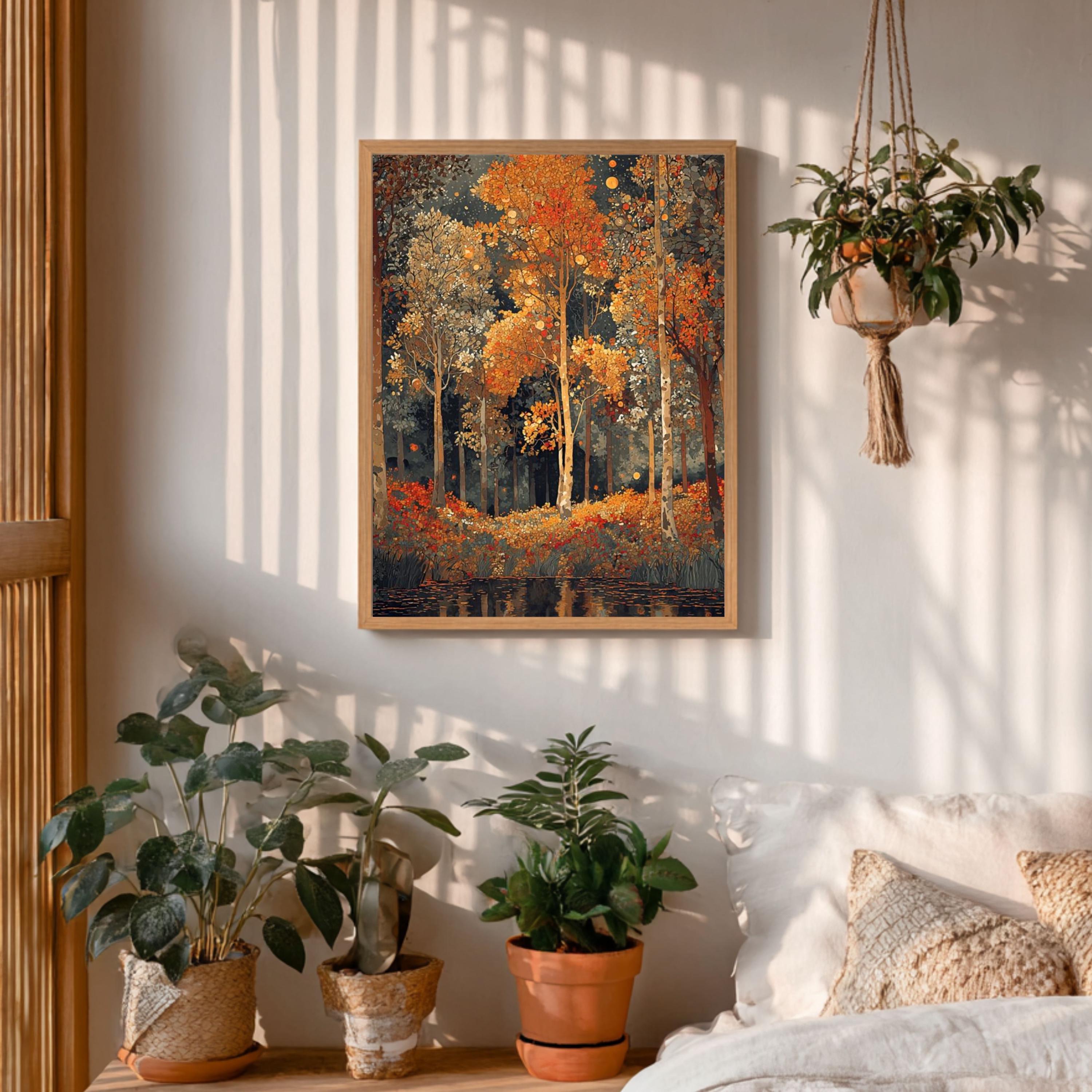 Golden Forest Wall Art Print, Autumn Trees Canvas, Rustic Nature Decor, Woodland Landscape Art, Warm Fall Home Decor Gift