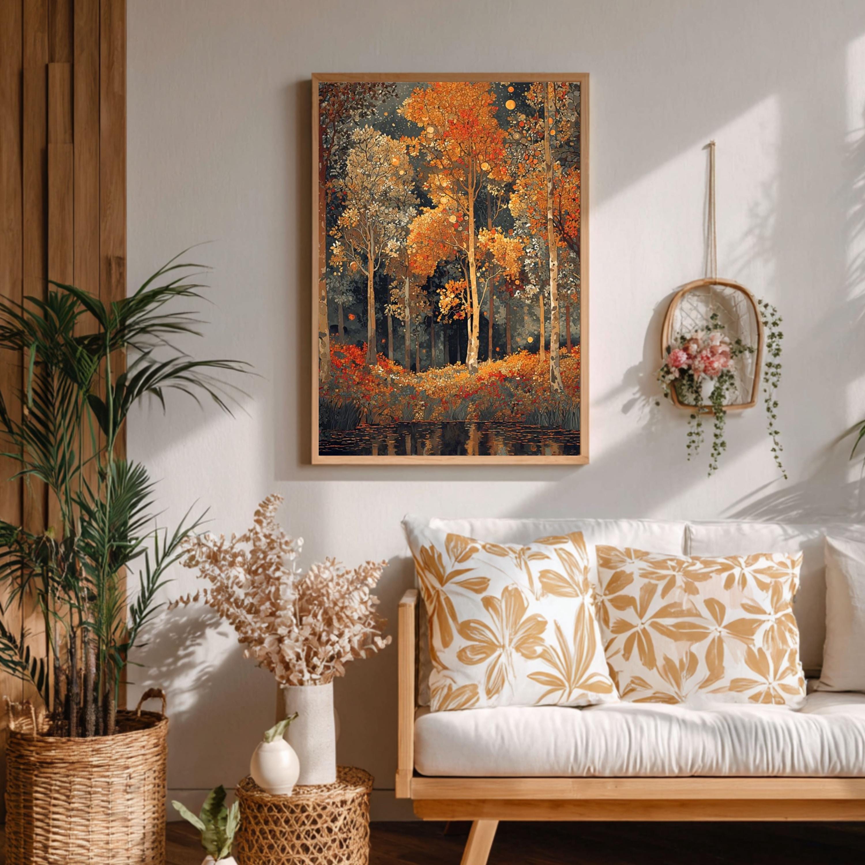 Golden Forest Wall Art Print, Autumn Trees Canvas, Rustic Nature Decor, Woodland Landscape Art, Warm Fall Home Decor Gift