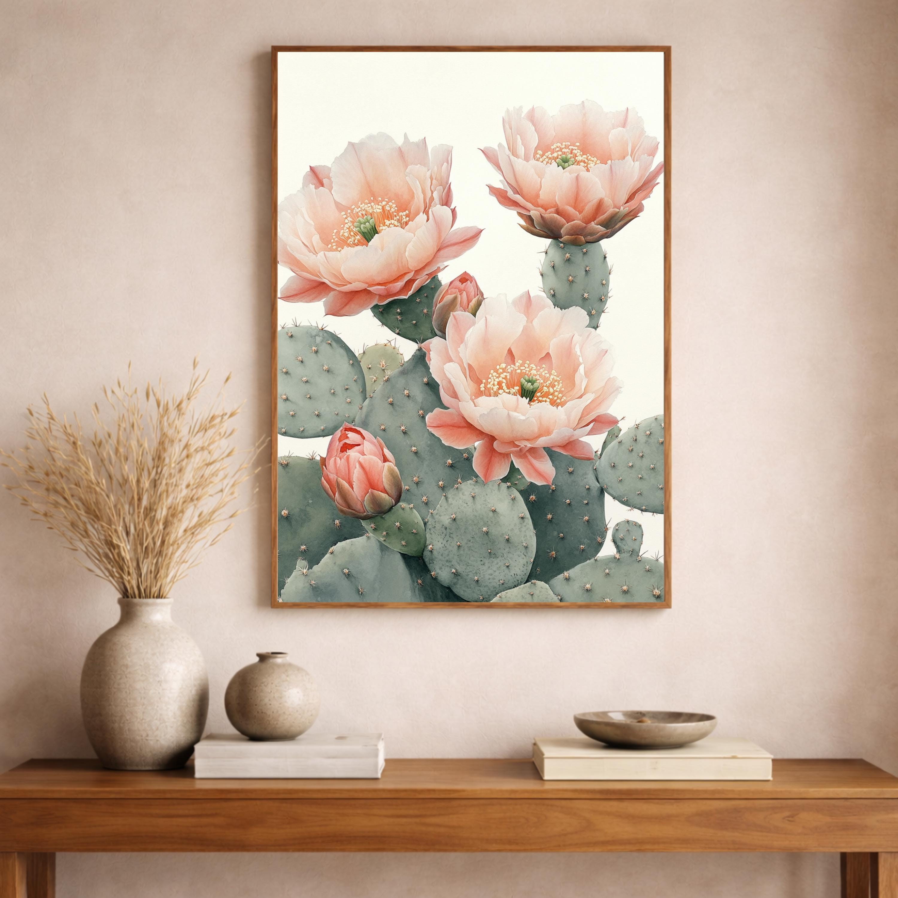 Desert Bloom Cactus Wall Art Print, Soft Neutral Botanical Canvas Decor, Large Framed Canvas Wall Decor Gift, Modern Feminine Home Art Print