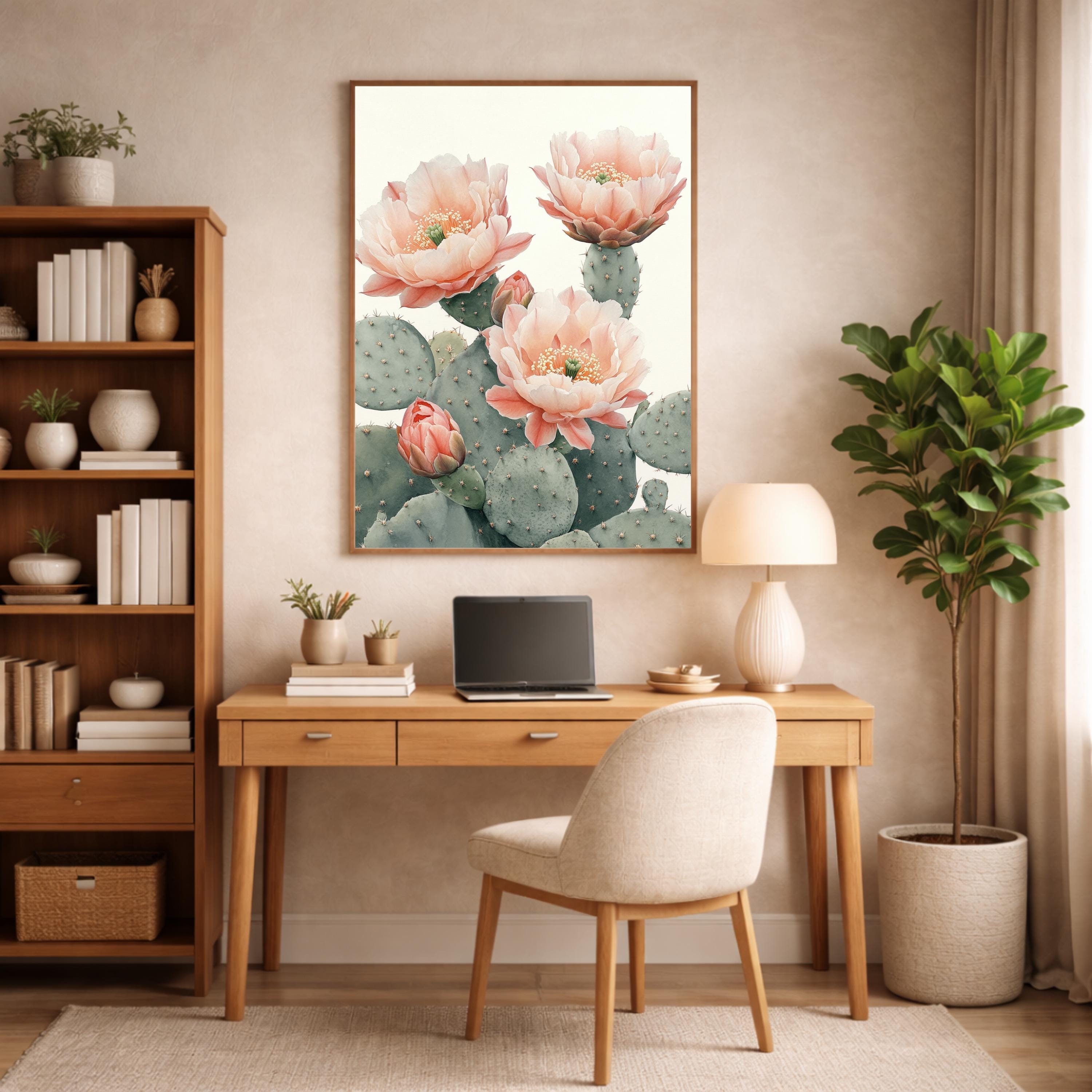 Desert Bloom Cactus Wall Art Print, Soft Neutral Botanical Canvas Decor, Large Framed Canvas Wall Decor Gift, Modern Feminine Home Art Print