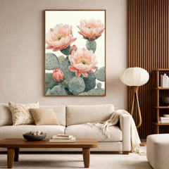 Desert Bloom Cactus Wall Art Print, Soft Neutral Botanical Canvas Decor, Large Framed Canvas Wall Decor Gift, Modern Feminine Home Art Print