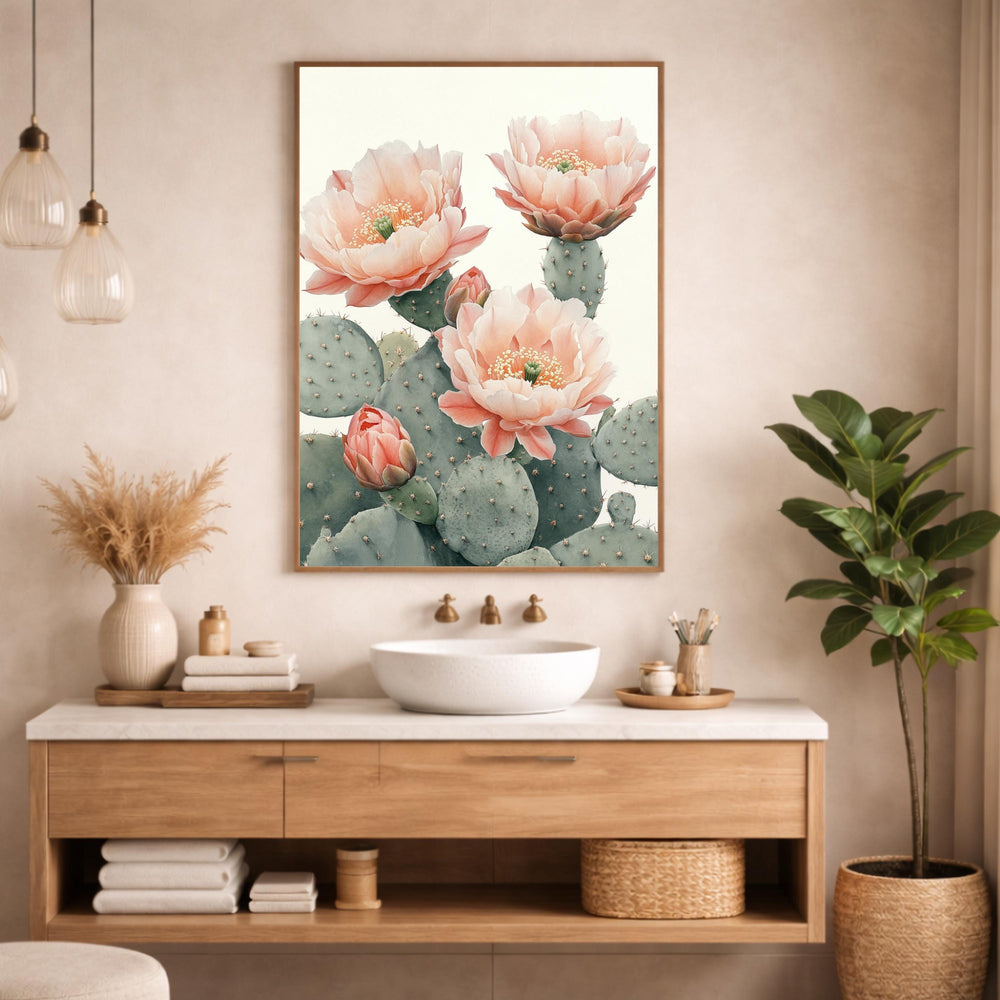 Desert Bloom Cactus Wall Art Print, Soft Neutral Botanical Canvas Decor, Large Framed Canvas Wall Decor Gift, Modern Feminine Home Art Print