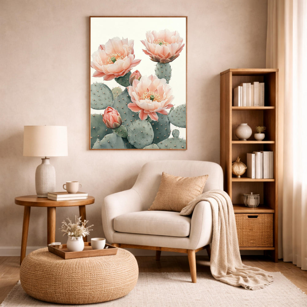 Desert Bloom Cactus Wall Art Print, Soft Neutral Botanical Canvas Decor, Large Framed Canvas Wall Decor Gift, Modern Feminine Home Art Print