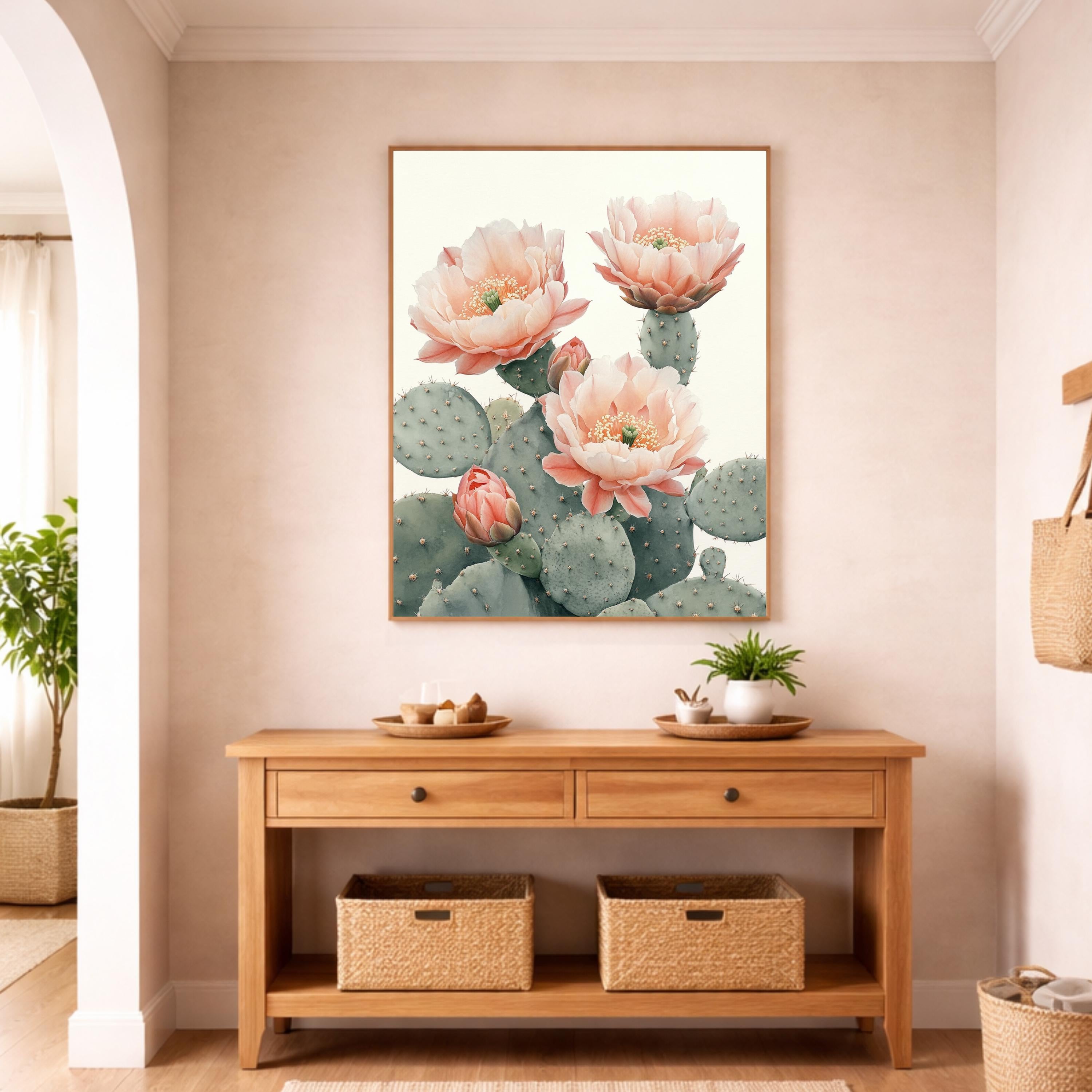 Desert Bloom Cactus Wall Art Print, Soft Neutral Botanical Canvas Decor, Large Framed Canvas Wall Decor Gift, Modern Feminine Home Art Print