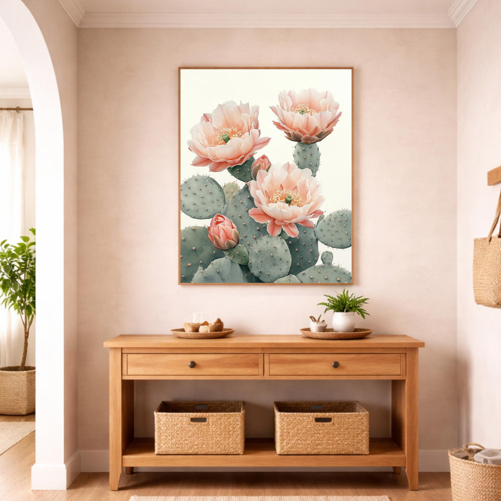 Desert Bloom Cactus Wall Art Print, Soft Neutral Botanical Canvas Decor, Large Framed Canvas Wall Decor Gift, Modern Feminine Home Art Print