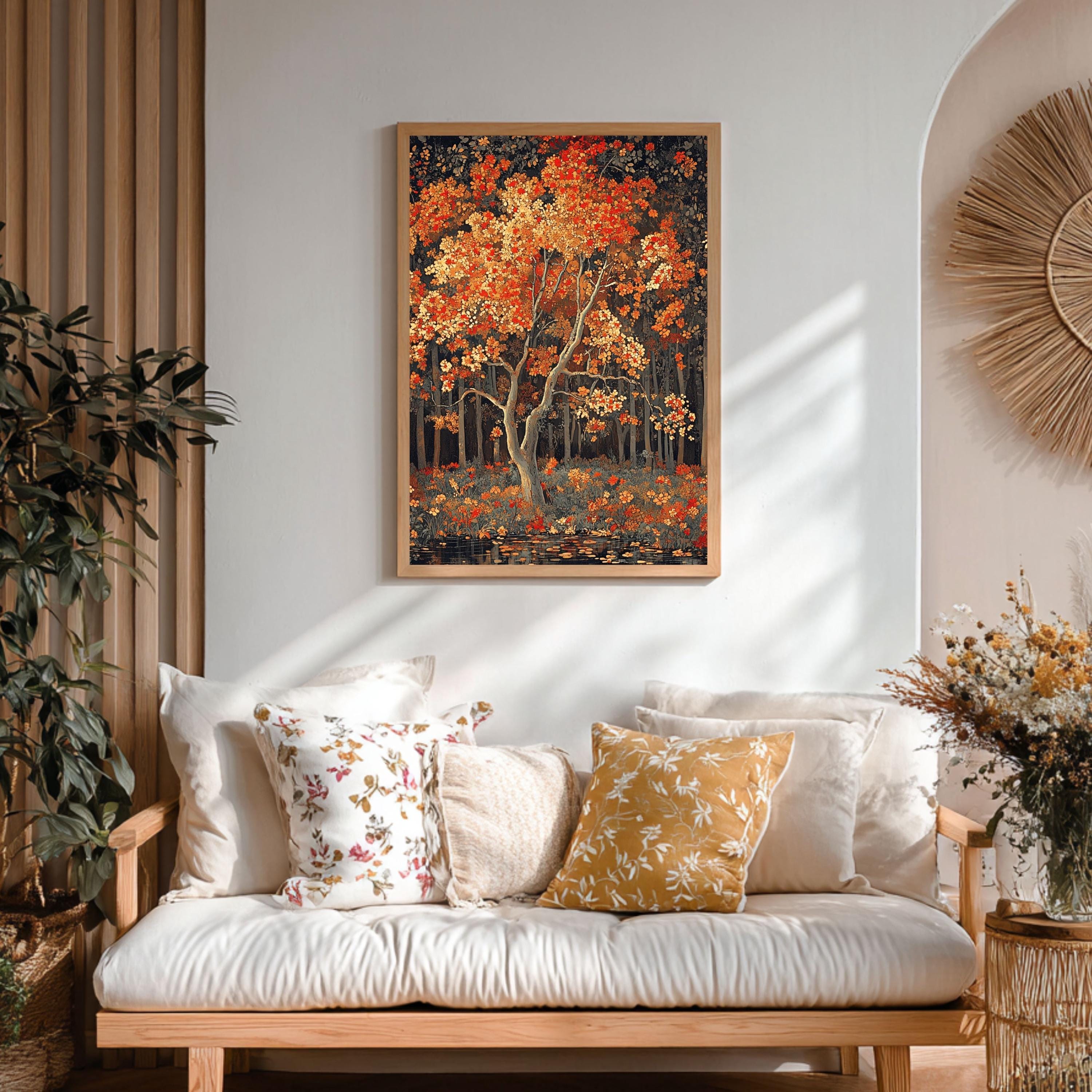 Rustic Autumn Wall Art Print, Vintage Woodland Canvas Decor, Fall Nature Landscape Art, Cozy Cottagecore Farmhouse Decor