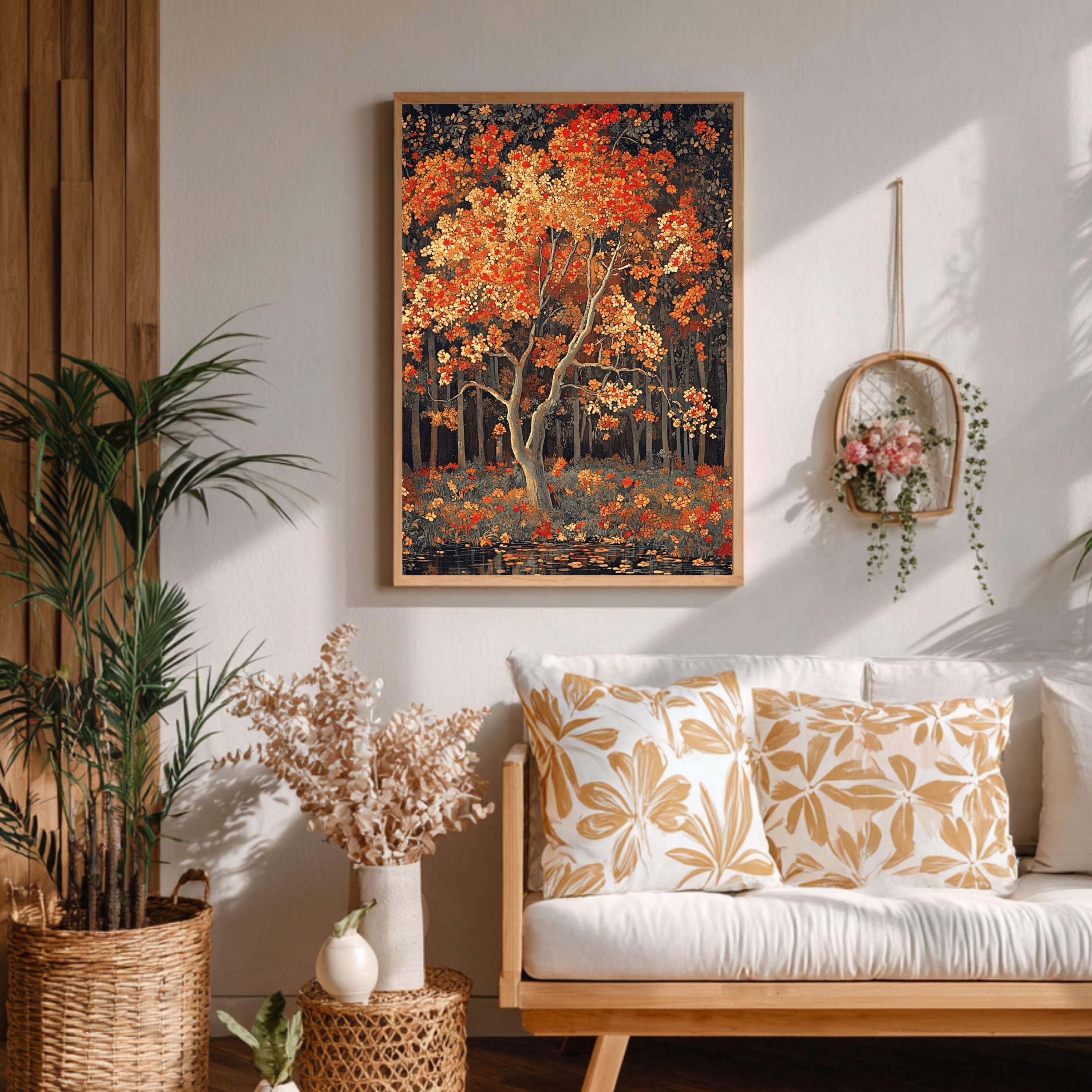 Rustic Autumn Wall Art Print, Vintage Woodland Canvas Decor, Fall Nature Landscape Art, Cozy Cottagecore Farmhouse Decor