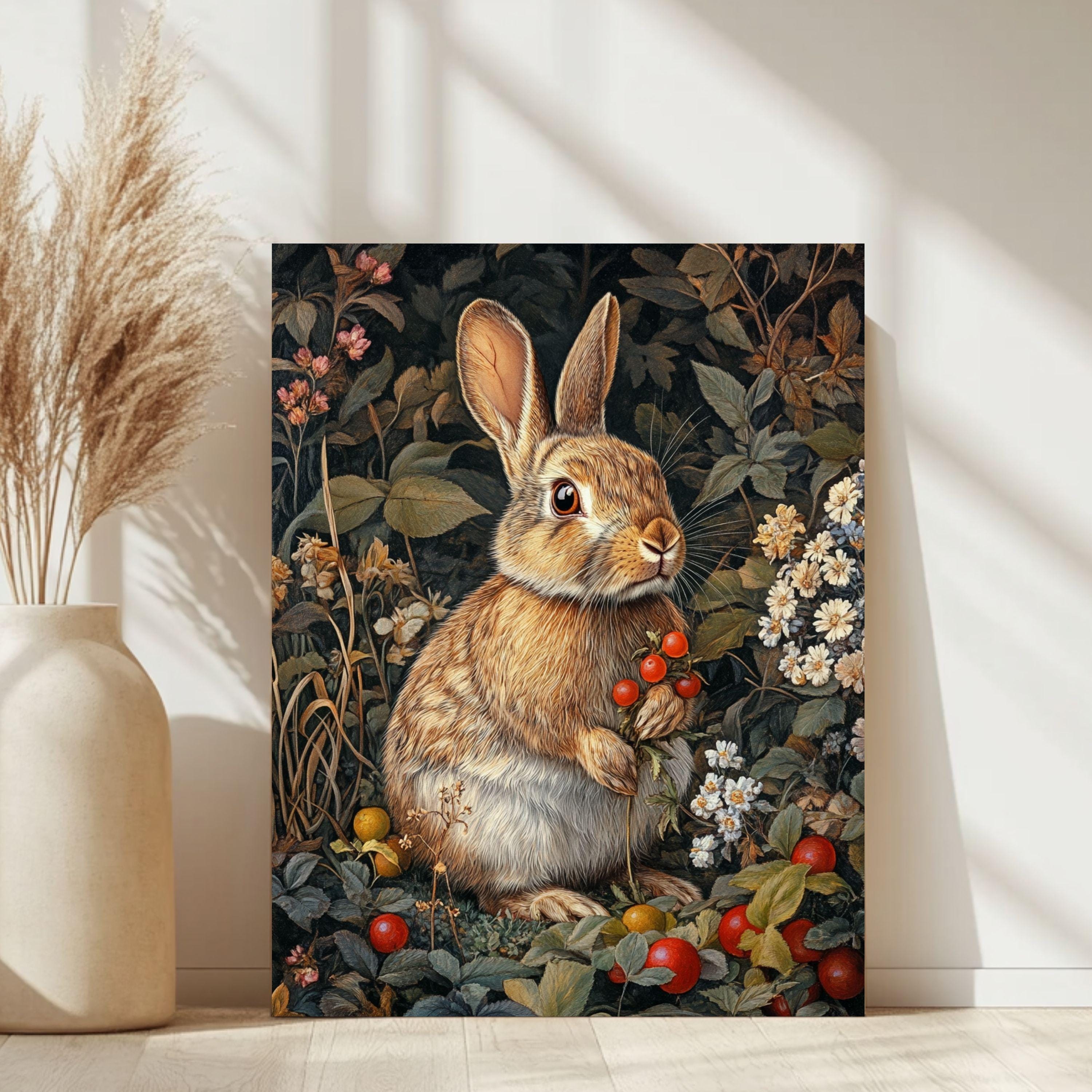 Vintage Bunny Wall Art Print, Woodland Rabbit Floral Canvas Decor, Rustic Cottagecore Animal Farmhouse Wall Decor Nature Gift
