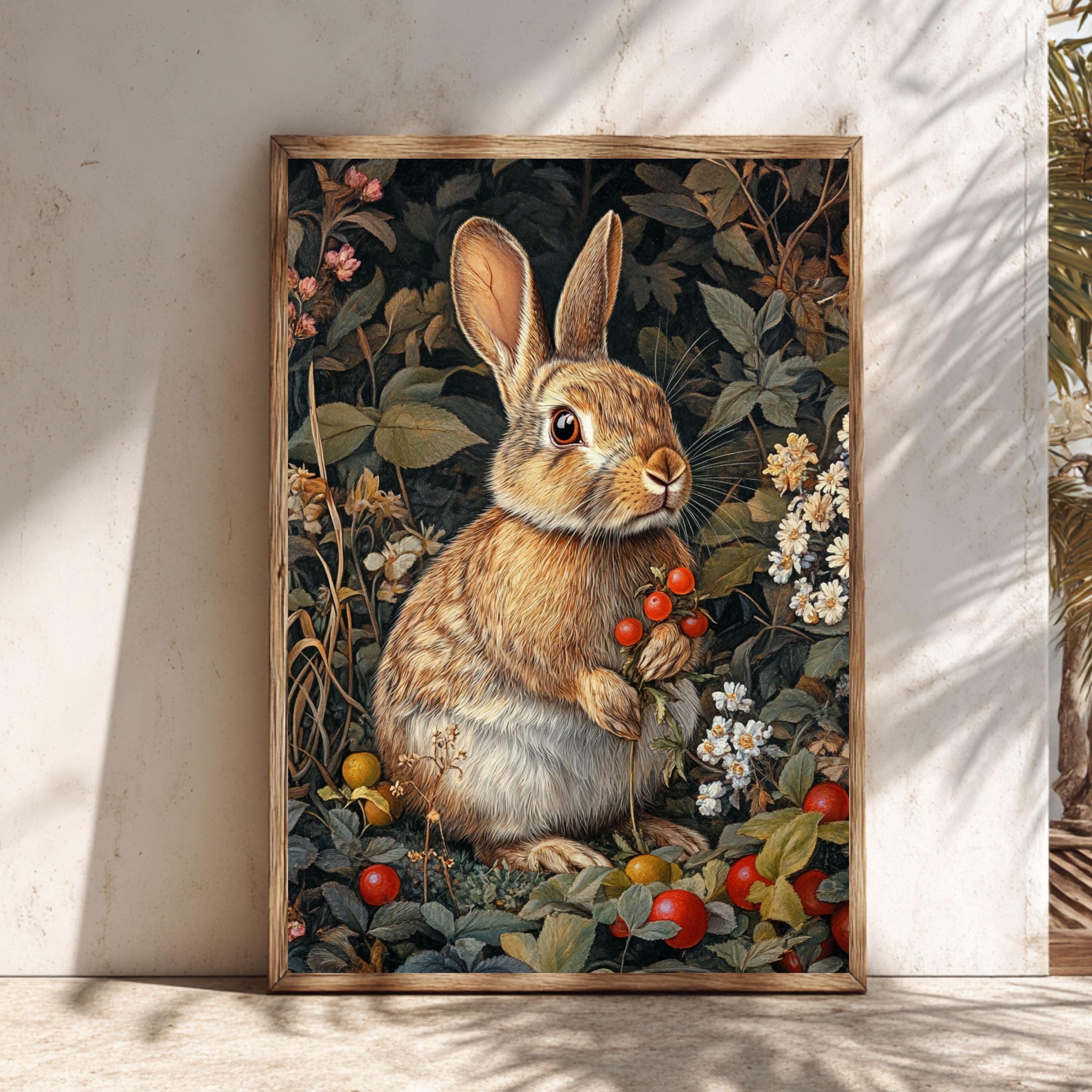 Vintage Bunny Wall Art Print, Woodland Rabbit Floral Canvas Decor, Rustic Cottagecore Animal Farmhouse Wall Decor Nature Gift