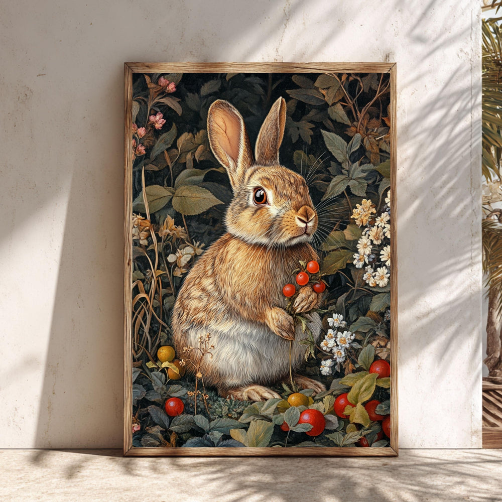 Vintage Bunny Wall Art Print, Woodland Rabbit Floral Canvas Decor, Rustic Cottagecore Animal Farmhouse Wall Decor Nature Gift